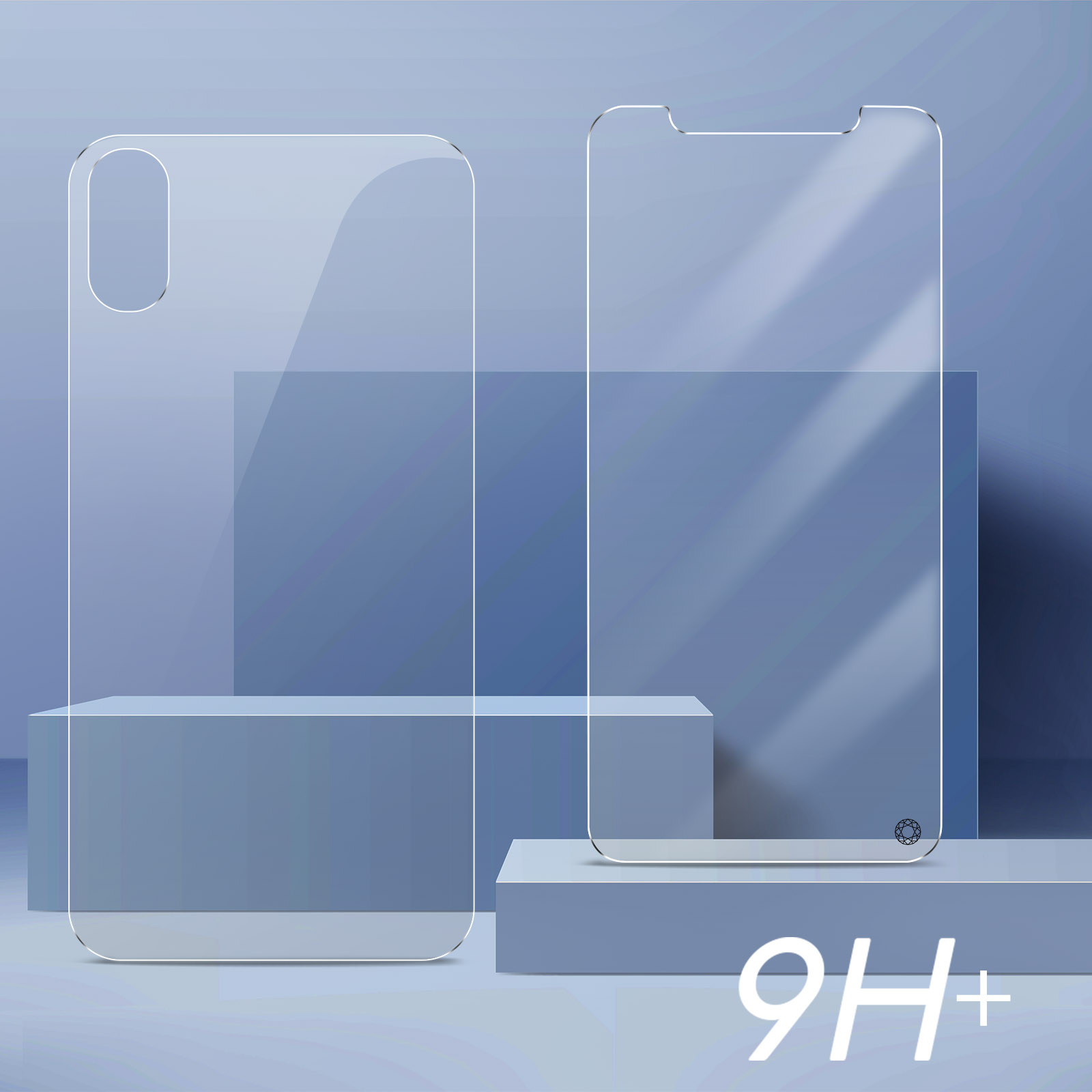 Clear phone screen protectors on a blue background with the text 9H+.