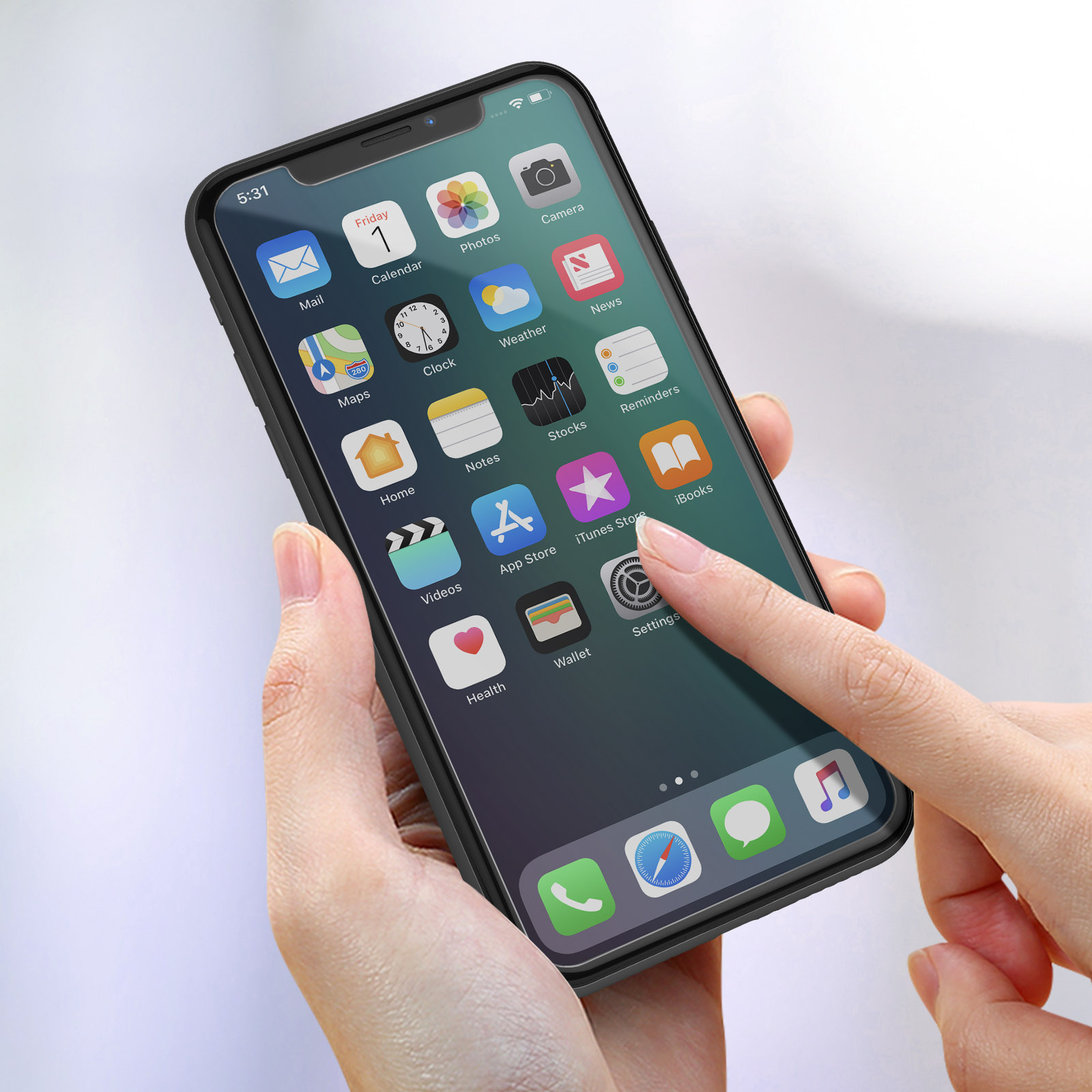 A hand holding a phone displaying app icons. The screen is on and the user is interacting with it.