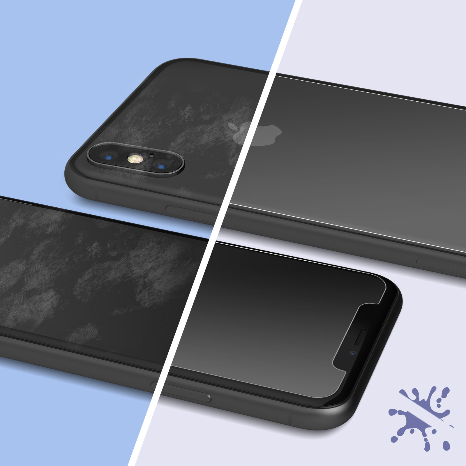 Black phone case with a screen protector, comparing clean and dirty views. The screen protector is on the right.