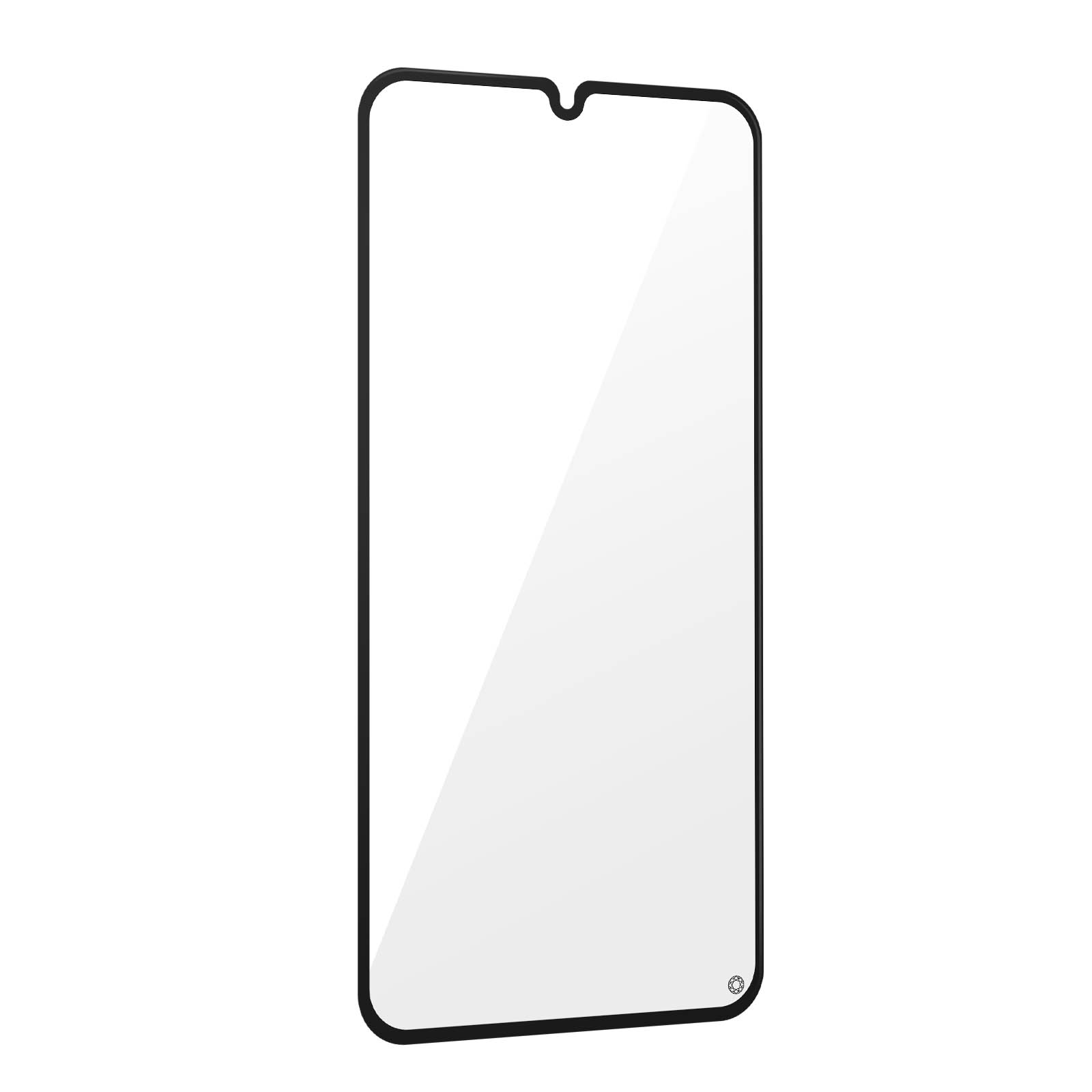 Protezione schermo per smartphone con cornice nera. Sfondo bianco. Ha un intaglio per la fotocamera.