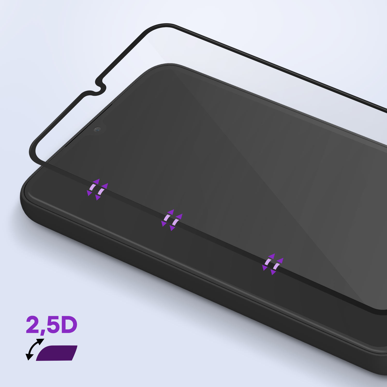 Primo piano di uno smartphone nero con protezione schermo applicata. Le frecce indicano l'allineamento.
