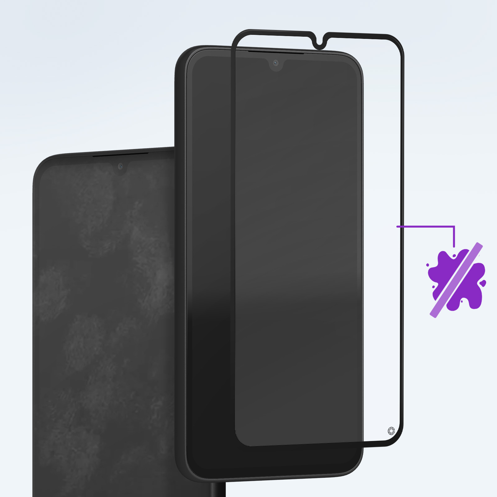 Due telefoni neri con protezioni schermo e una grafica a spruzzo viola che indica antimacchia.