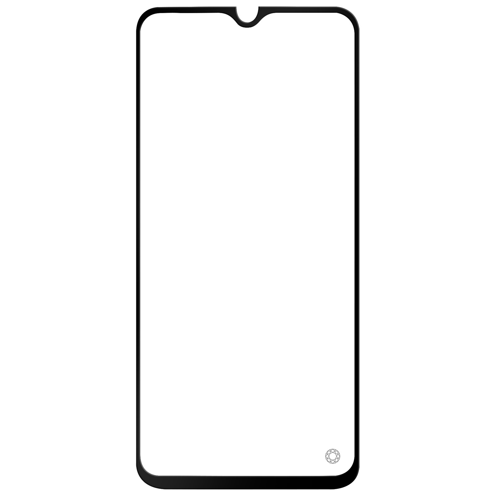 Een heldere schermbeschermer voor een telefoon met een inkeping aan de bovenkant, op een witte achtergrond.