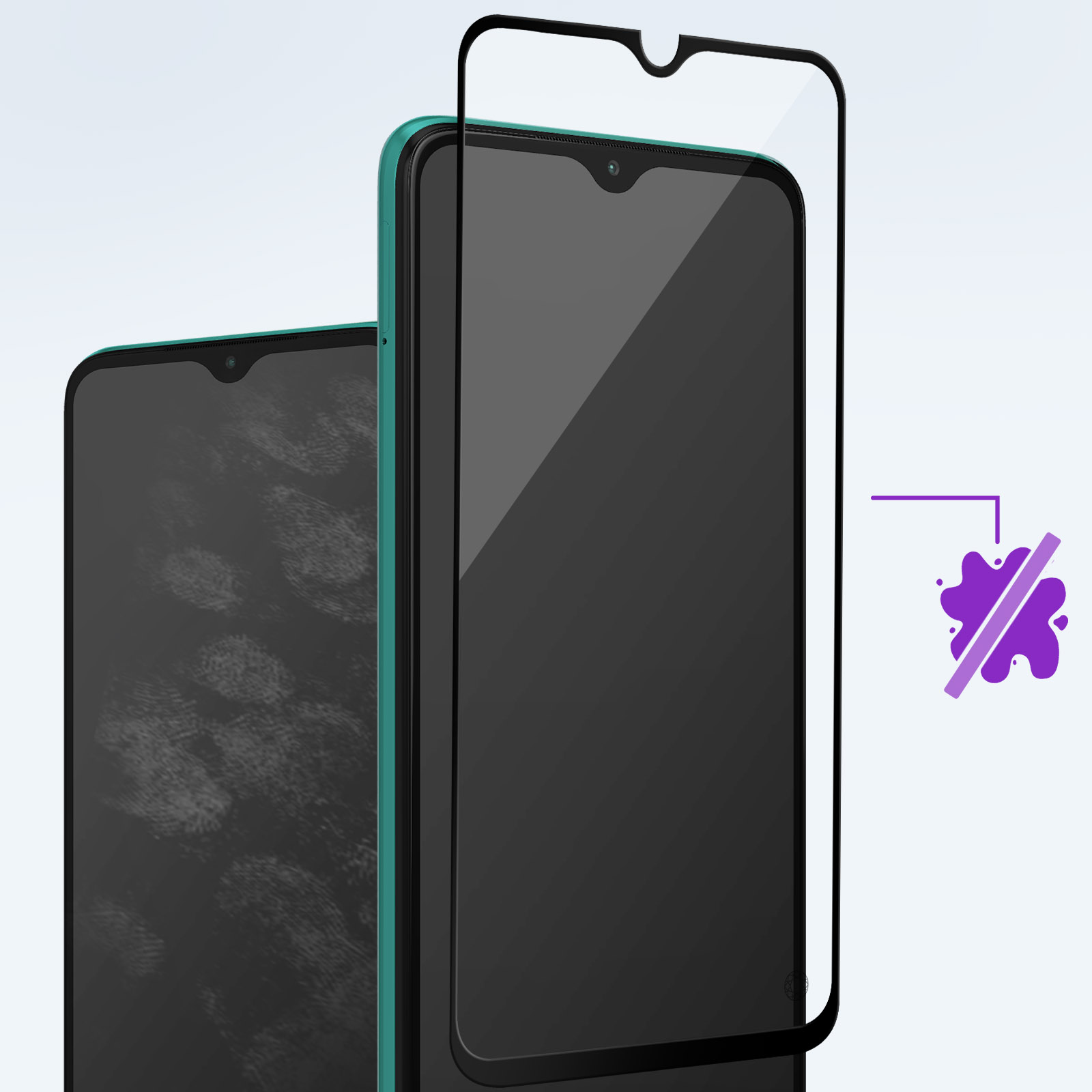 Deux téléphones avec protecteurs d'écran et une icône d'éclaboussure. Un téléphone est vert.
