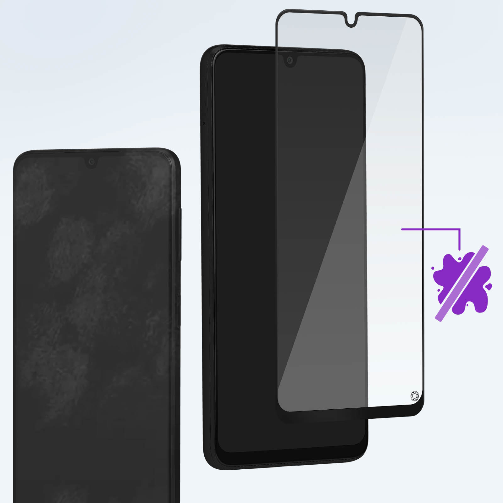 Téléphone avec protecteurs d'écran. Le protecteur est à droite. Protection contre les éclaboussures.