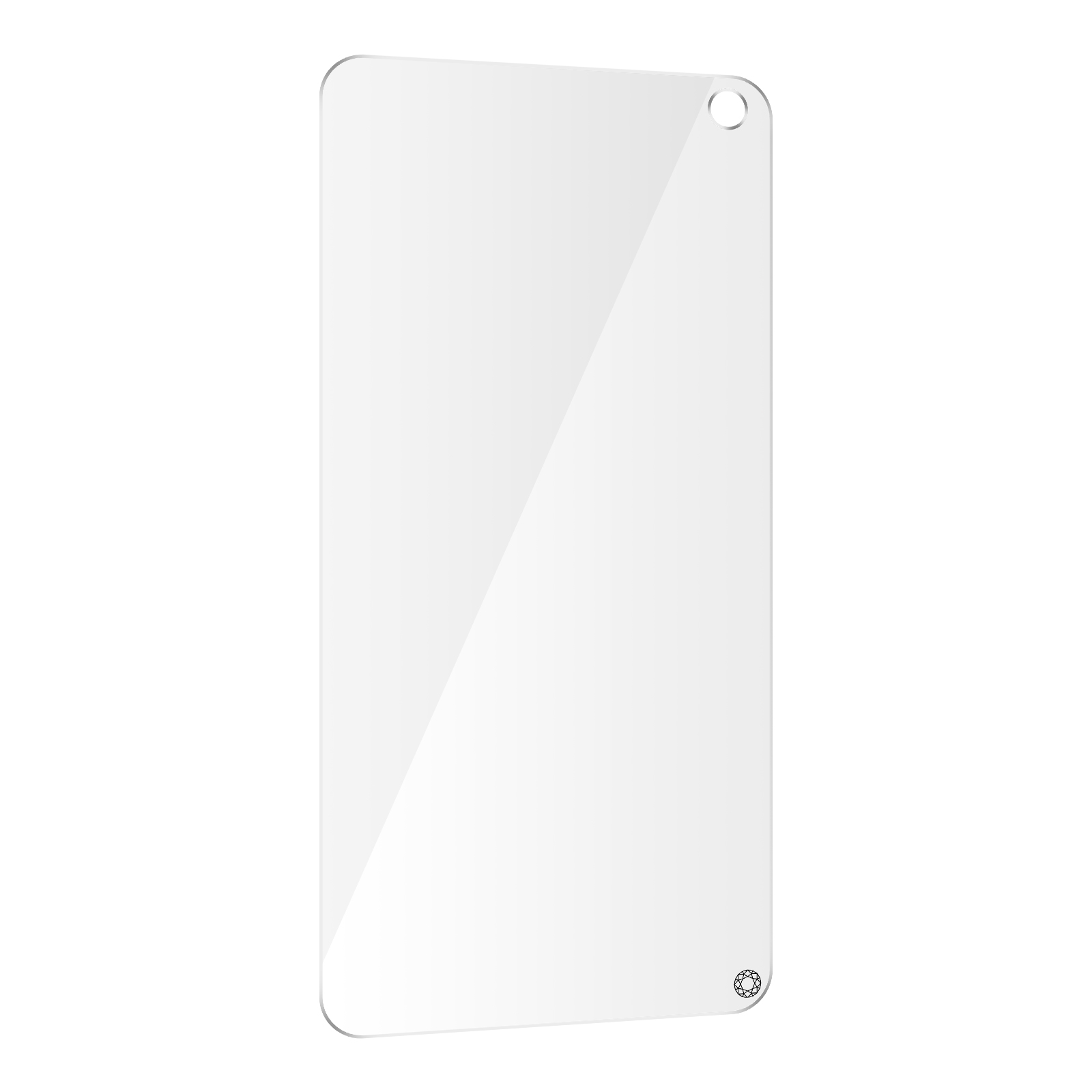 Un protecteur d'écran transparent avec un trou de caméra circulaire et un petit trou, sur fond blanc.