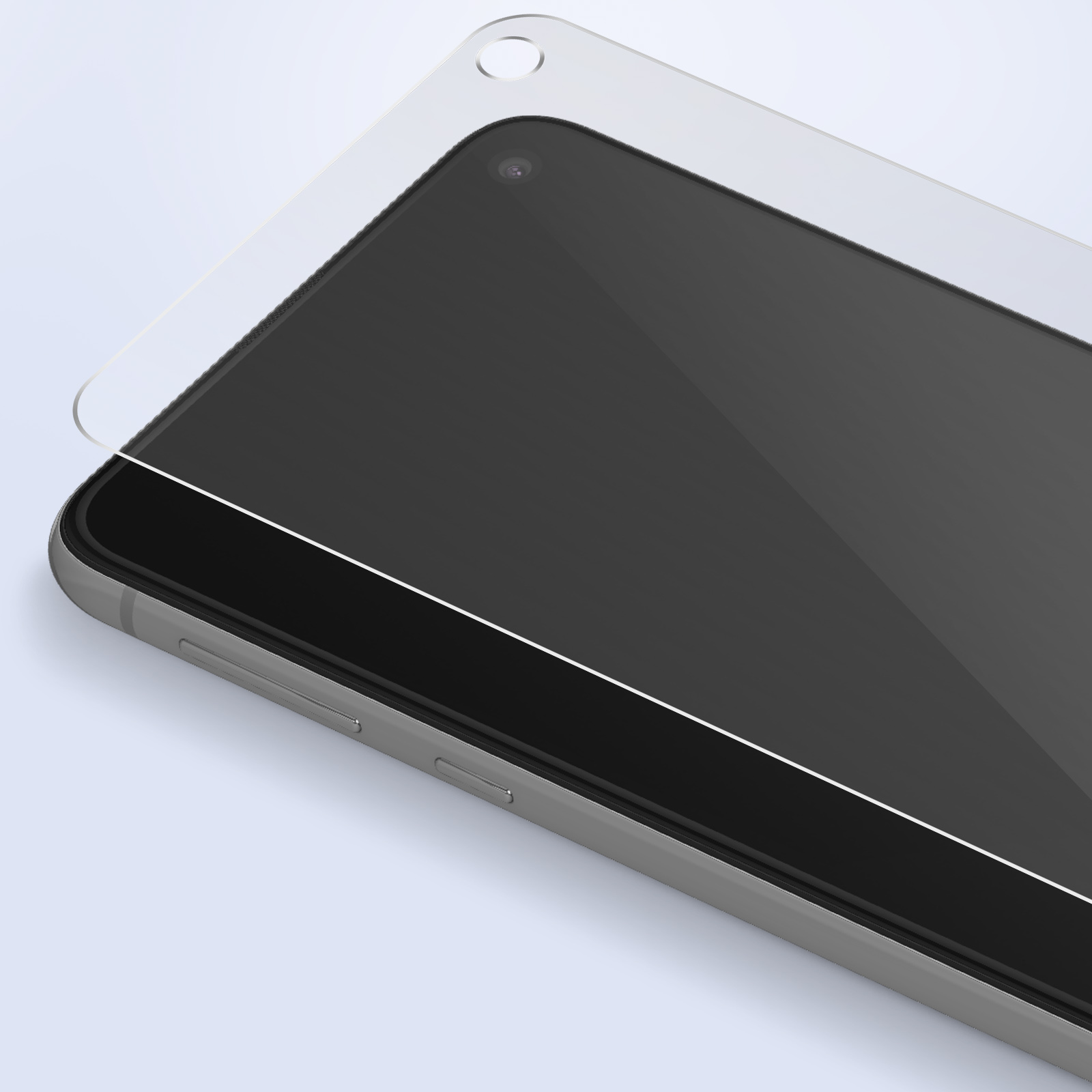 Un téléphone avec un protecteur d'écran. Le téléphone est gris, le protecteur est transparent et dessus. Le fond est bleu clair.
