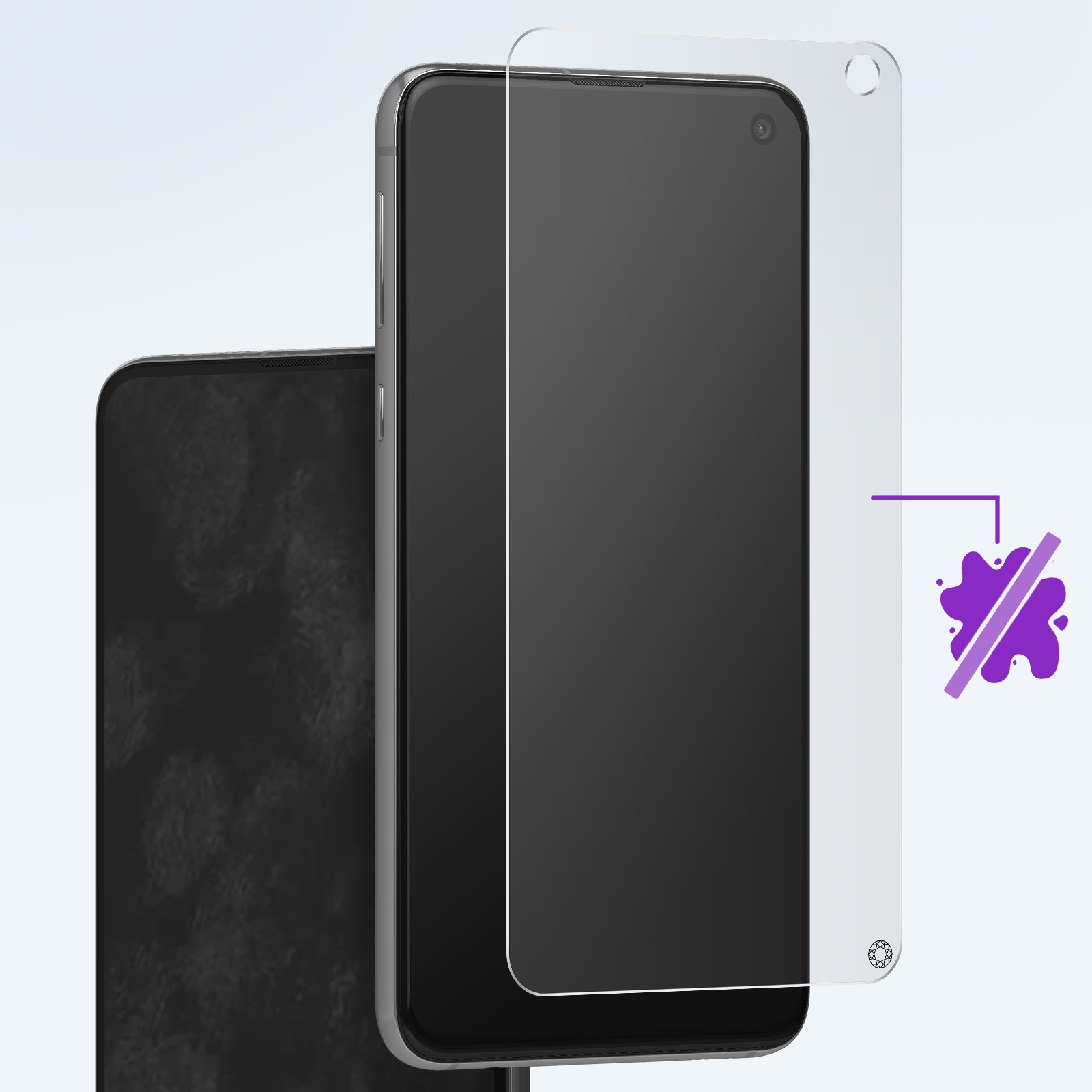Téléphone avec protecteur d'écran. Texte : Anti-taches. Protecteur transparent.