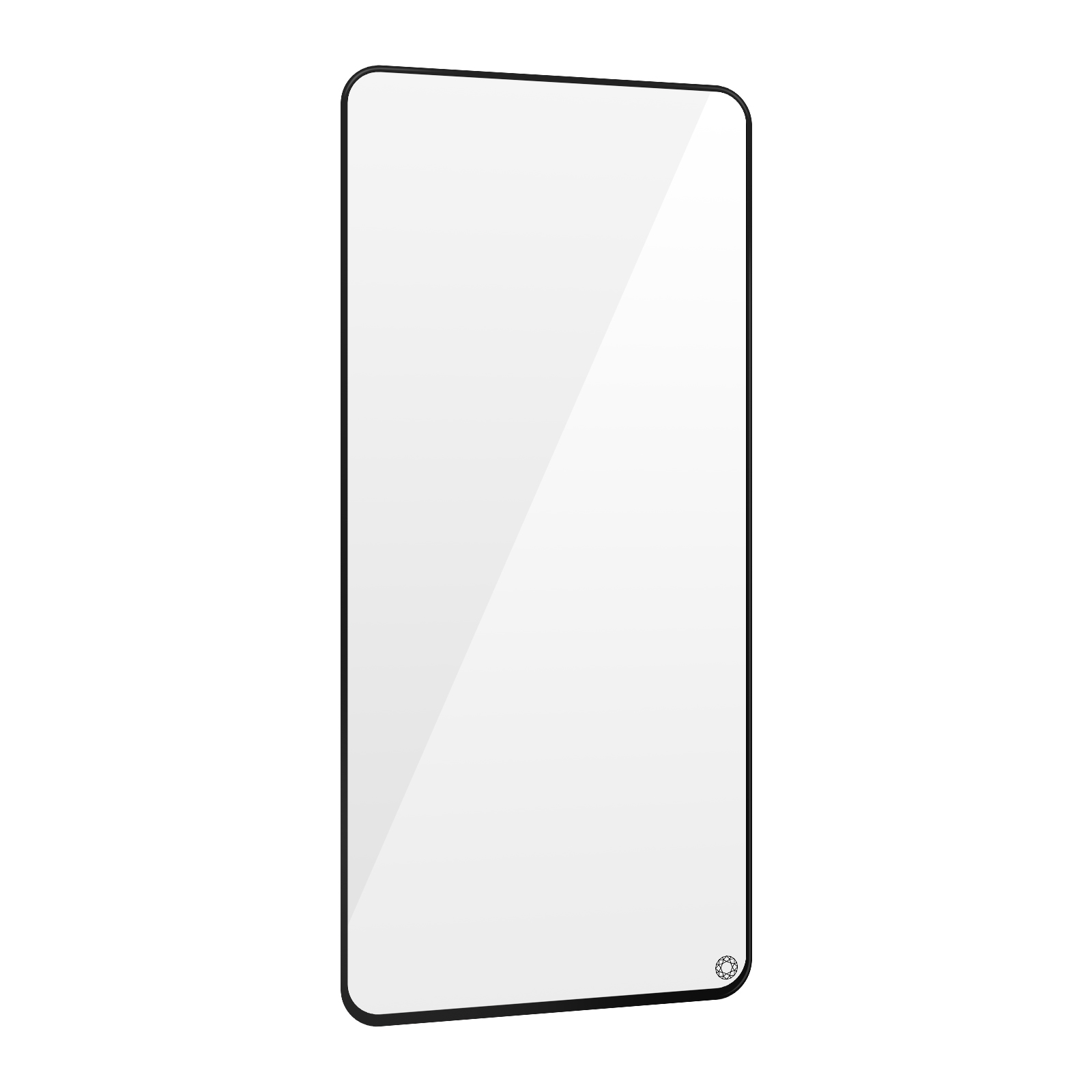 Een heldere schermbeschermer voor een telefoon met zwarte randen, tegen een witte achtergrond.