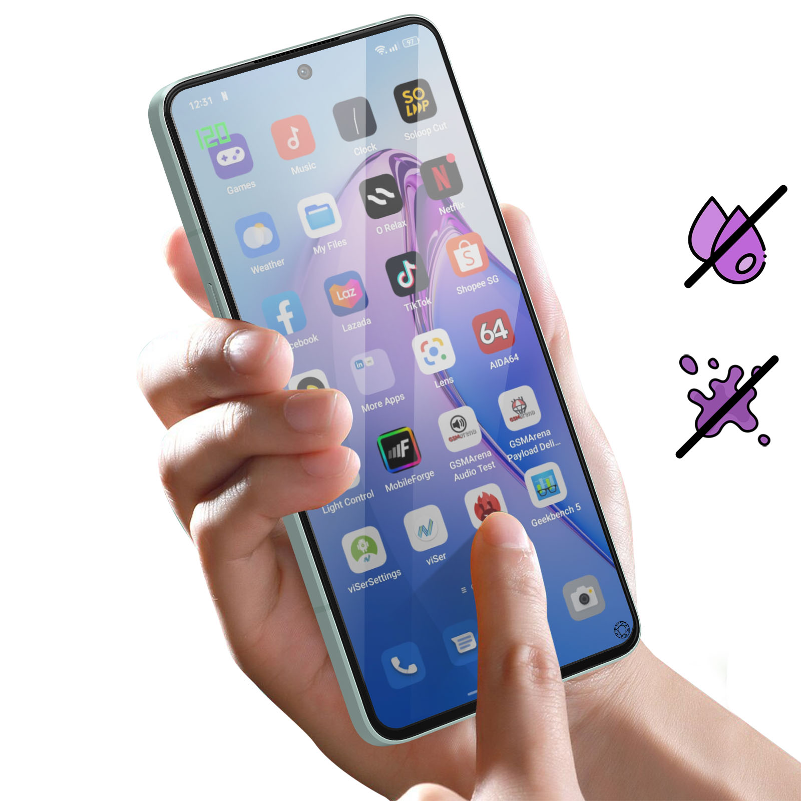 Hand met smartphone en apps. Water- en spaticonen geven water- en spatwaterdichtheid aan.