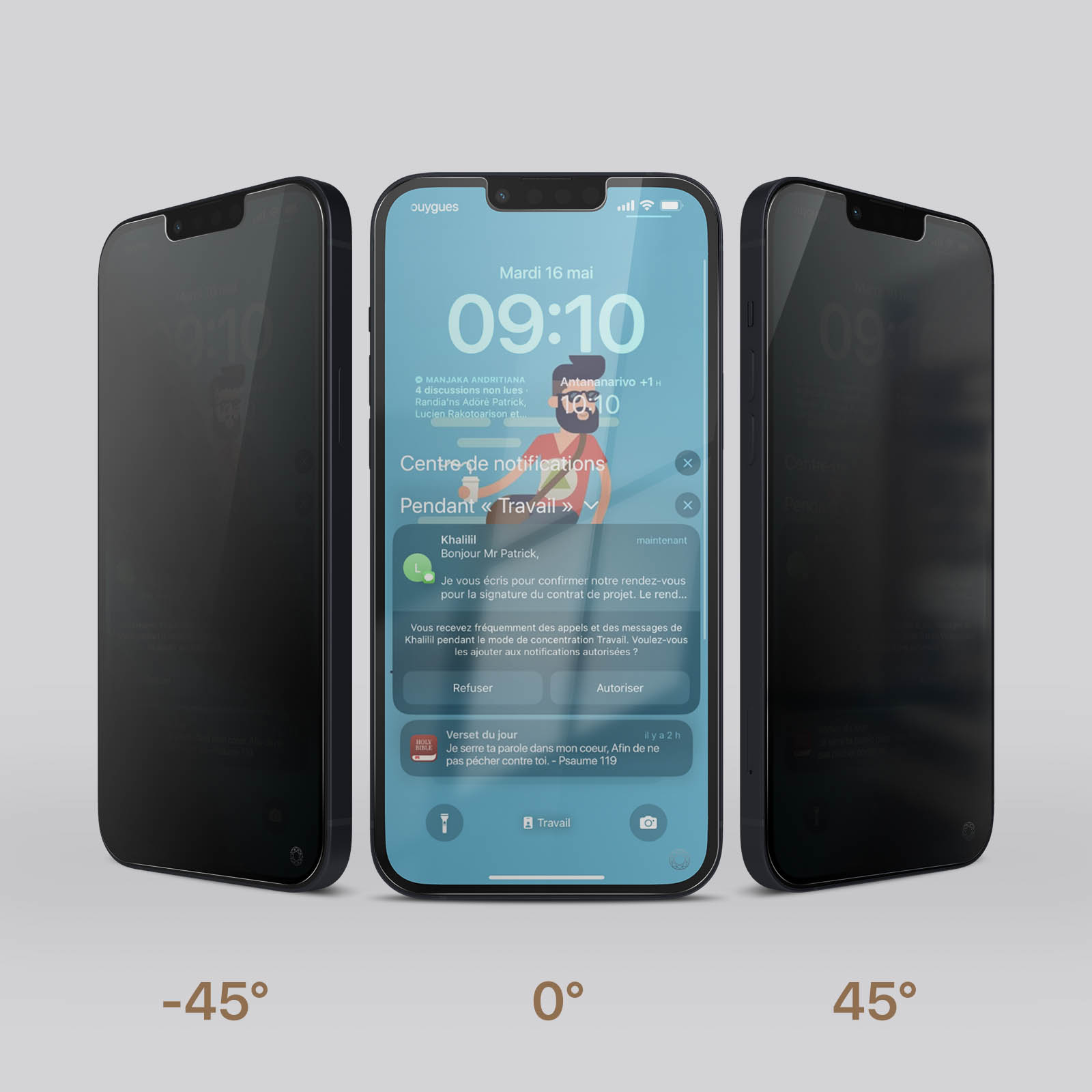 Tre iPhone che mostrano schermi diversi: uno a 0 e due a -45 e 45 gradi.