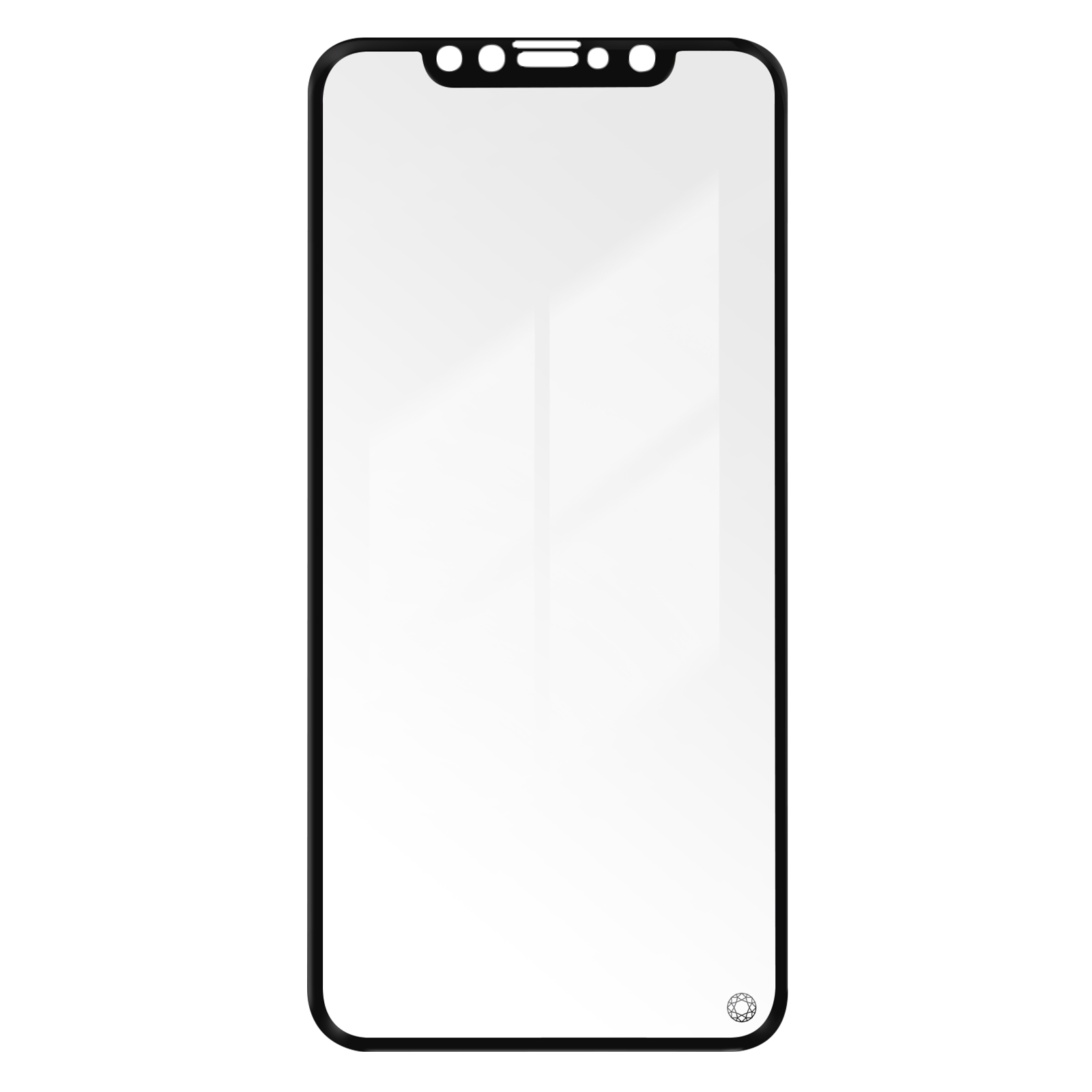 Protecteur d'écran de téléphone avec encoche pour la caméra et bordures noires sur fond blanc.