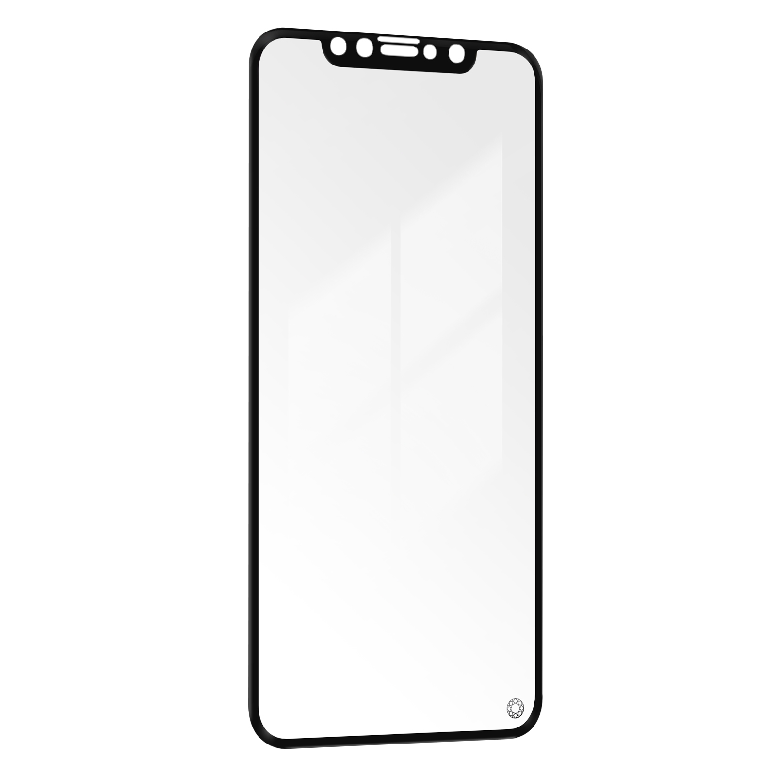 Protecteur d'écran de téléphone avec bord noir, avec découpes pour caméra et capteurs.