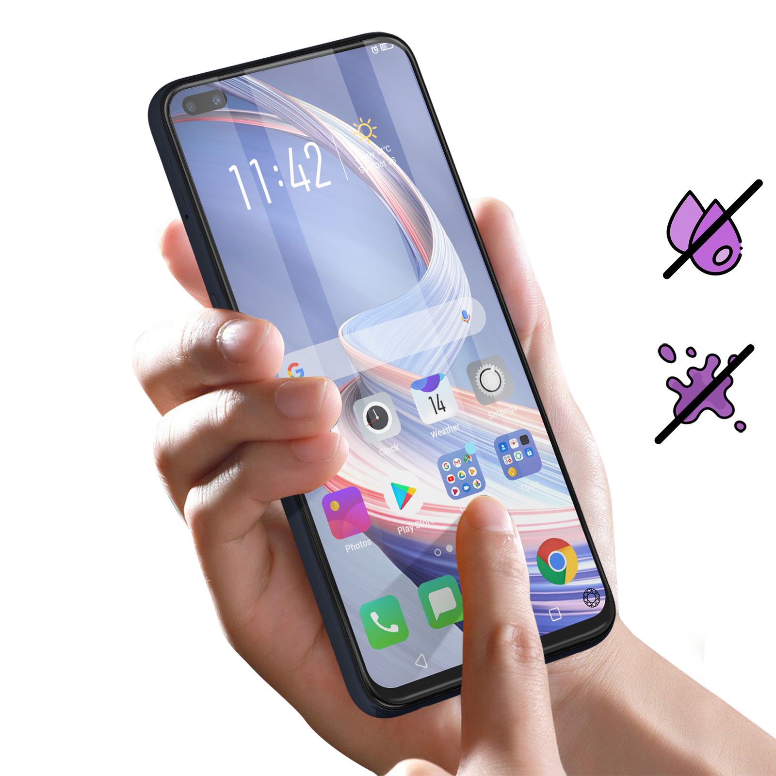 Mano tocca schermo telefono con app, ora e meteo. Simboli no acqua e no schizzi.