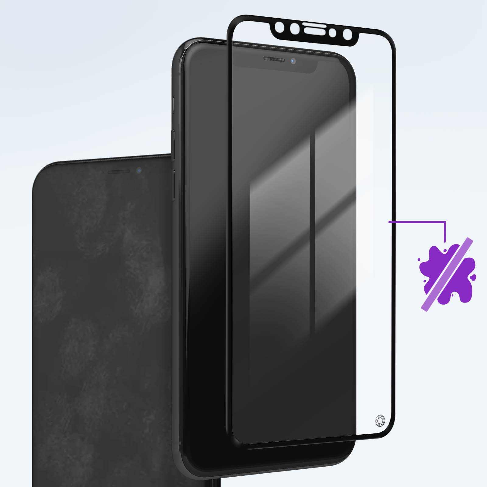 Un protecteur d'écran de téléphone est en cours d'application. Le téléphone est noir et le protecteur est transparent.