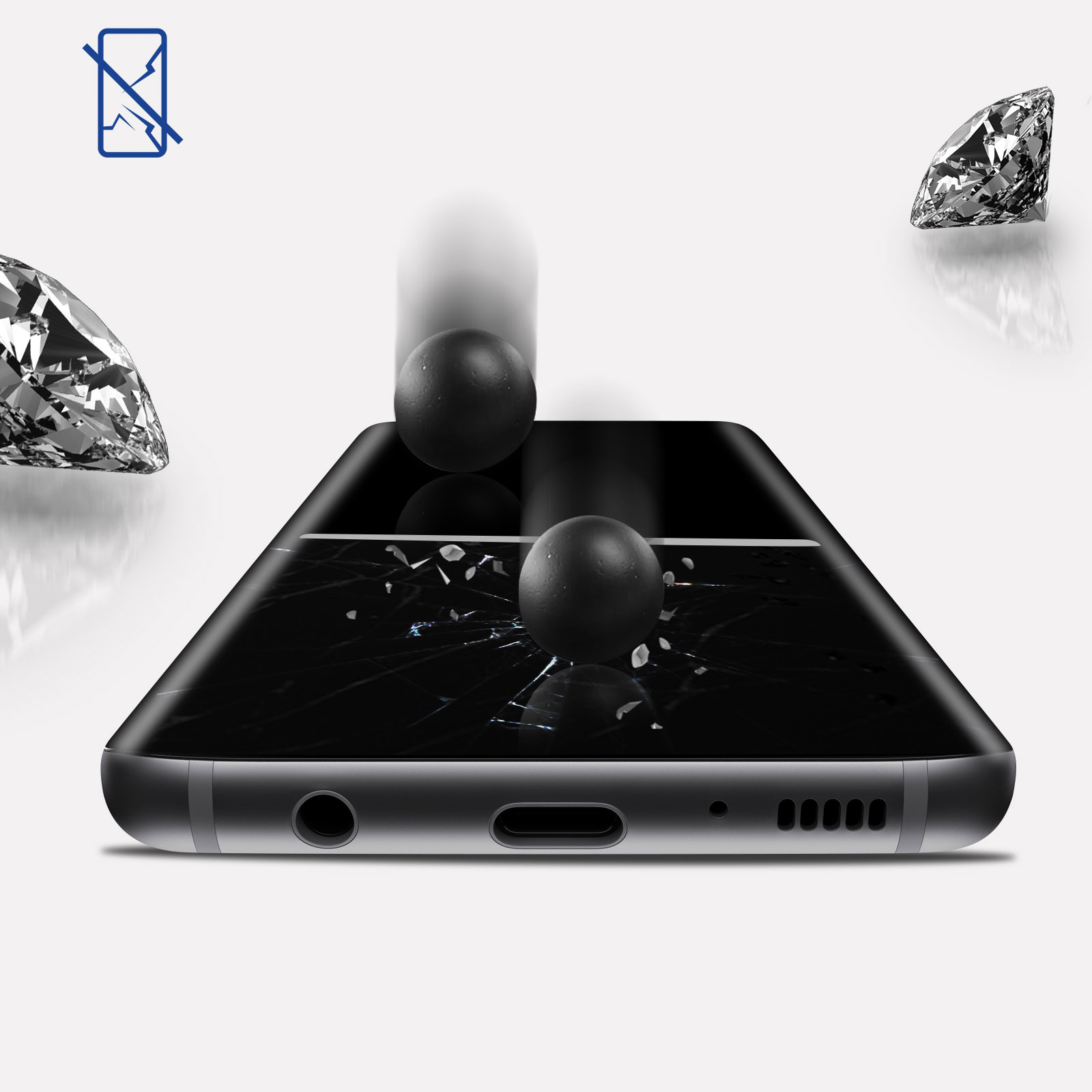 Dwie czarne kule uderzają w ekran telefonu, powodując pęknięcia. W ujęciu znajduje się grafika diamentu i telefon.