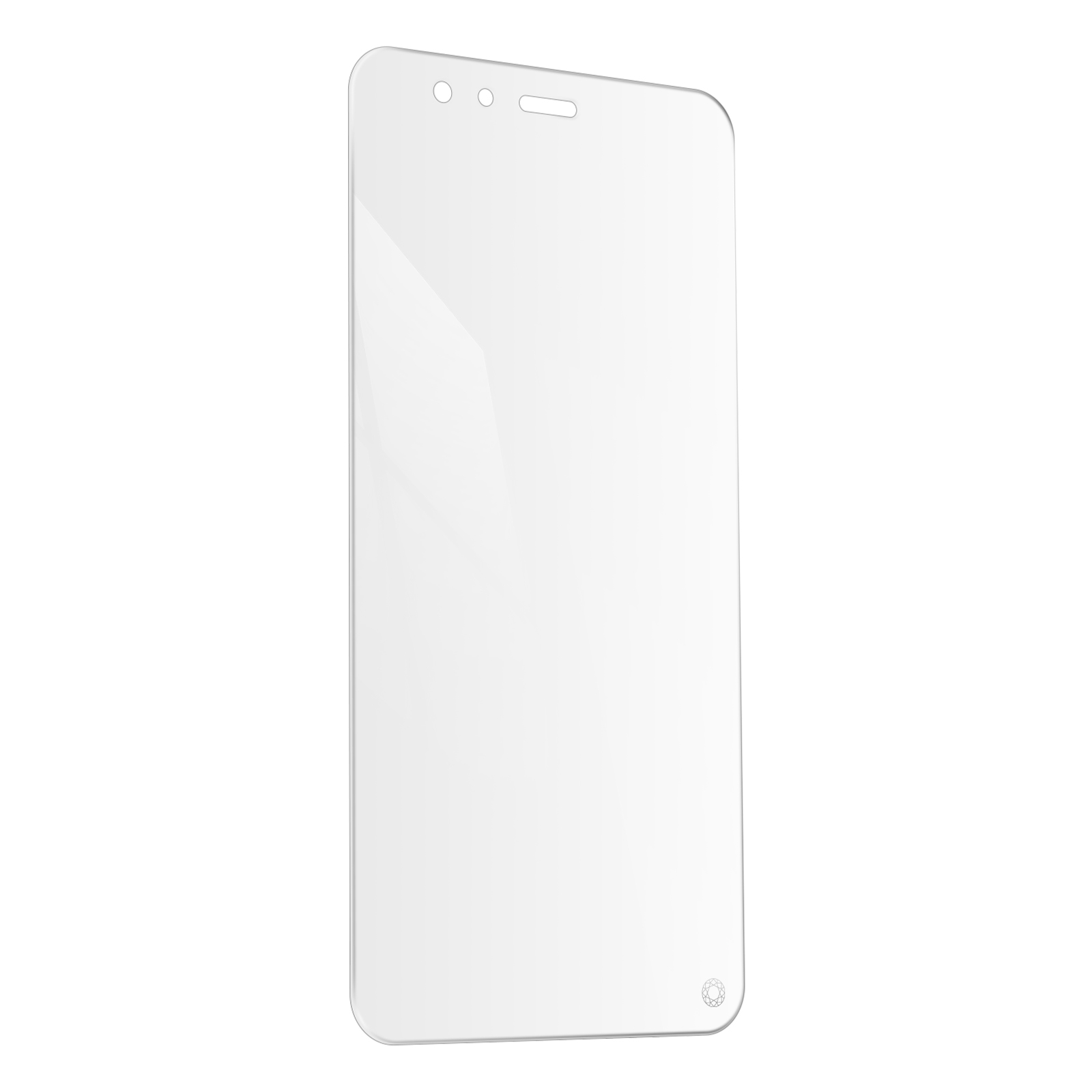 Een heldere screenprotector met een afgeronde rechthoekige vorm met gaten aan de bovenkant, kleine cirkel aan de onderkant.