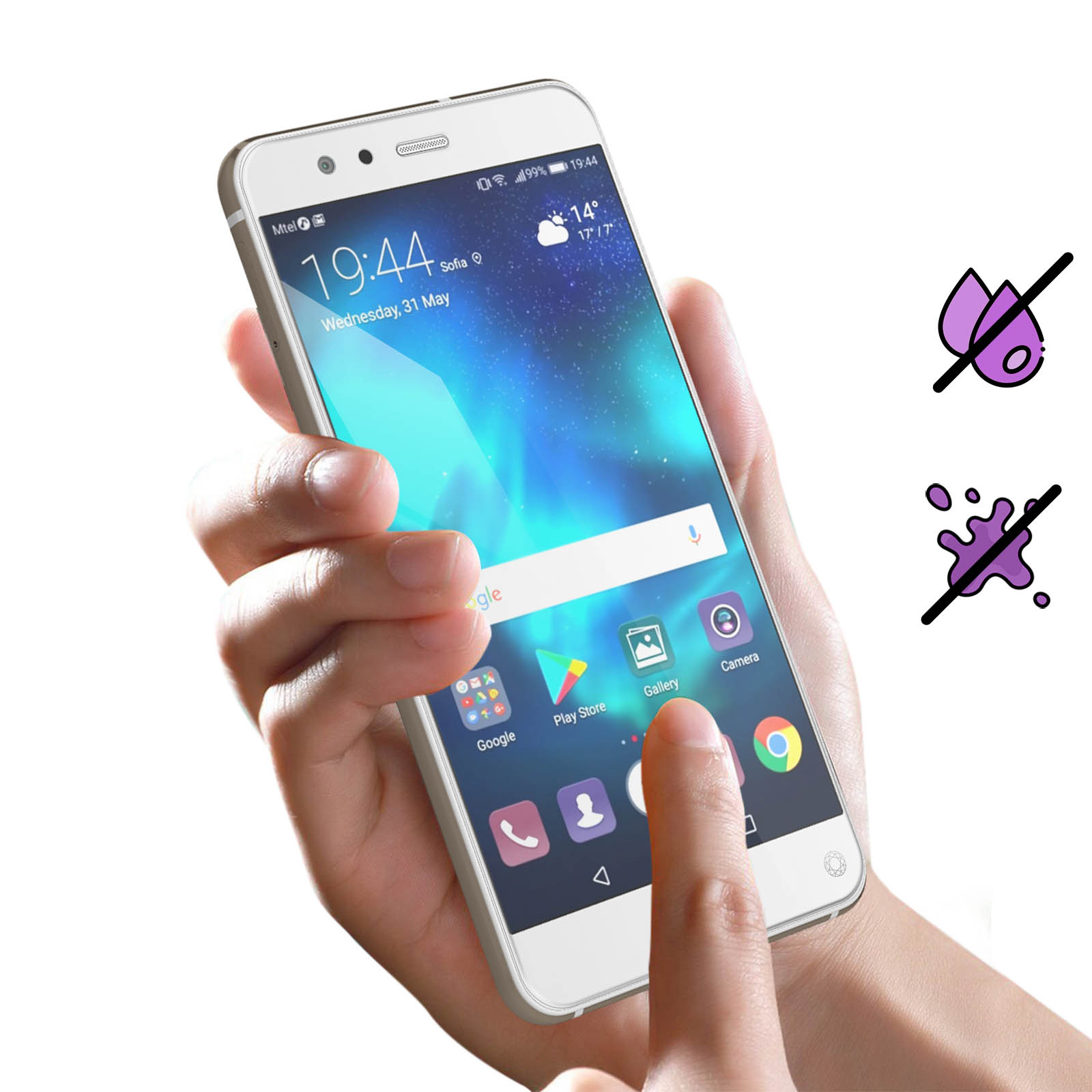 Hand die een smartphone vasthoudt, scherm toont app-iconen. Water- en vloeistofdruppeliconen worden getoond.