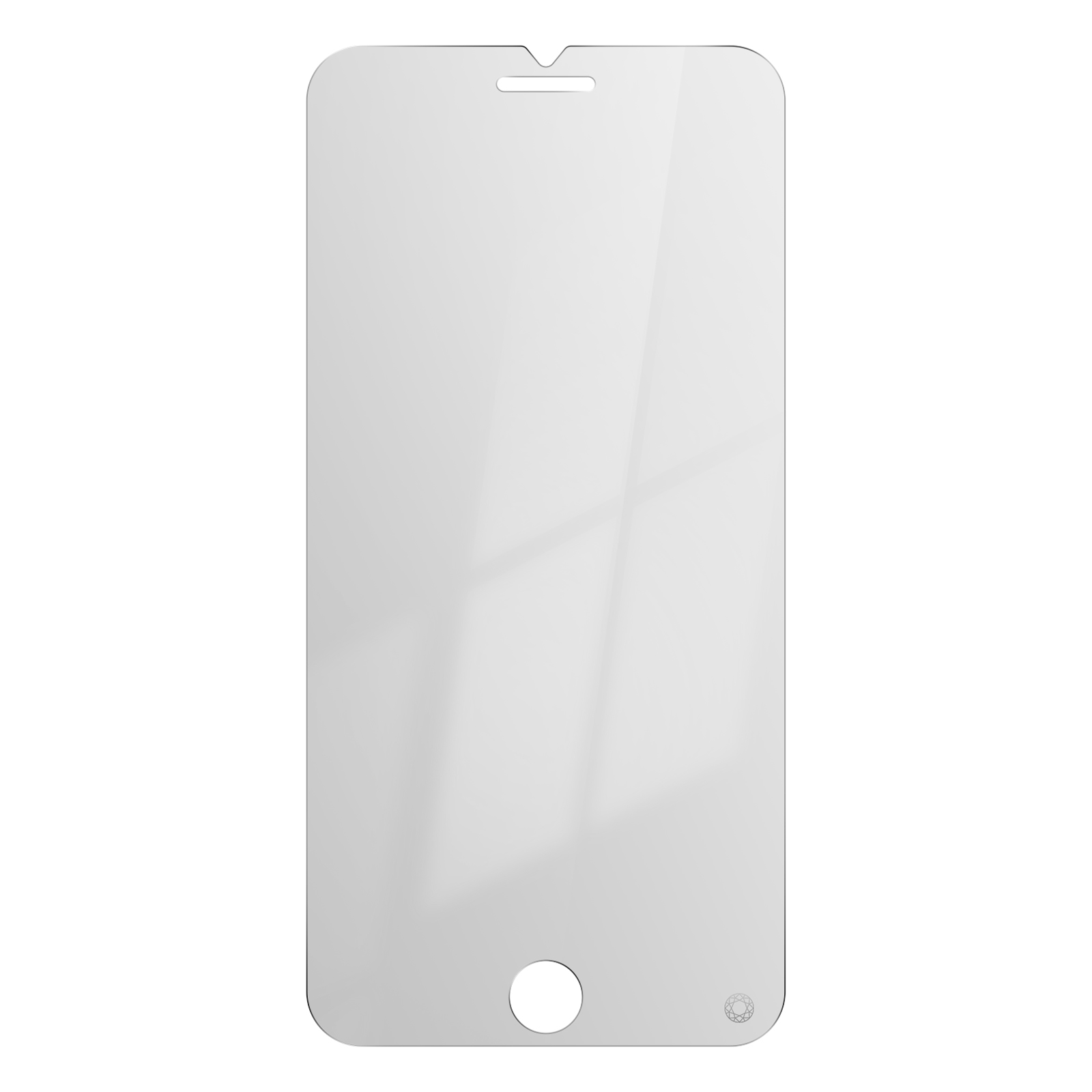 Telefoonschermbeschermer. Helder, rechthoekig met inkeping voor de luidspreker en gat voor de knop.
