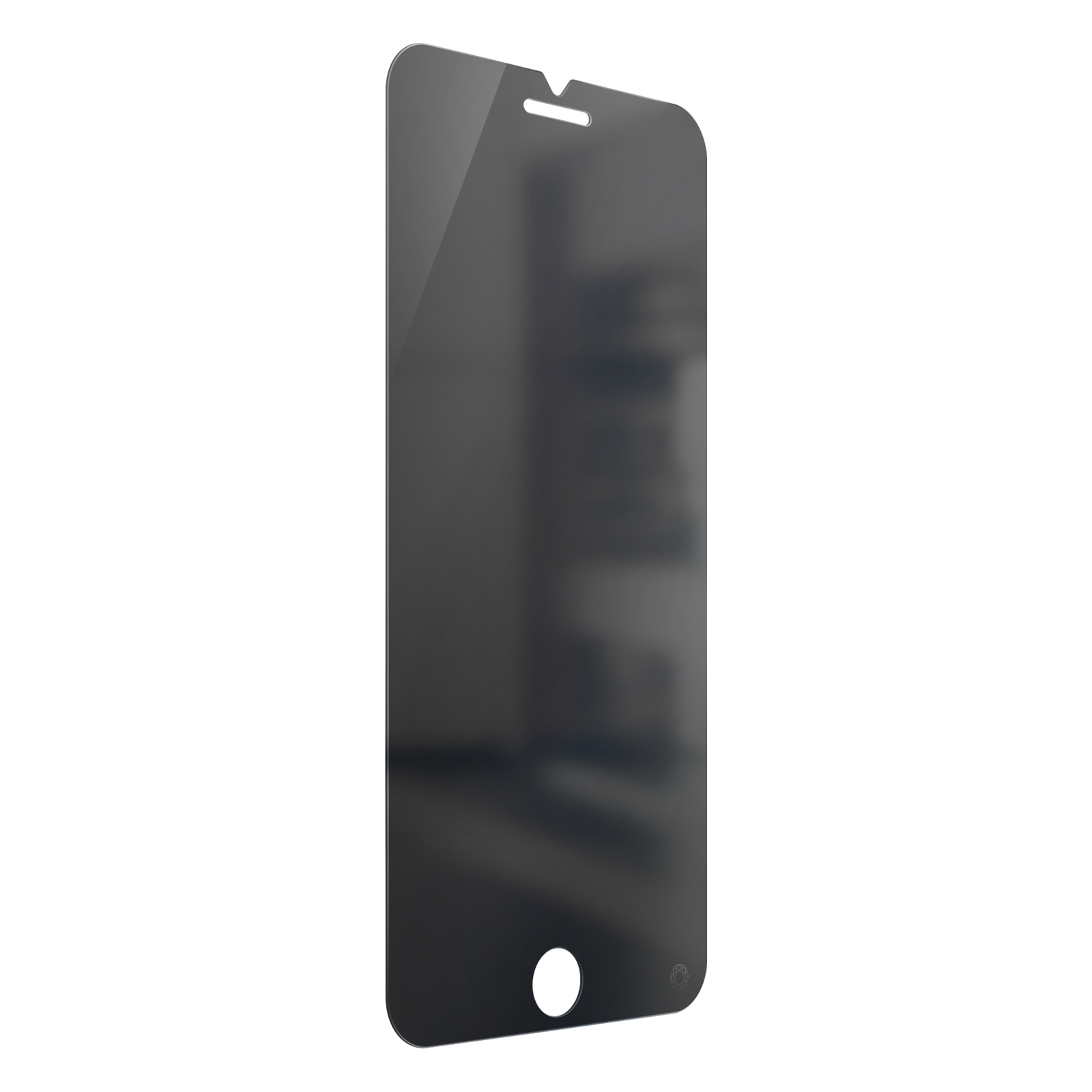 Zwarte schermbeschermer voor een telefoon. Het heeft een uitsparing voor de camera en een gat voor de oorluidspreker.