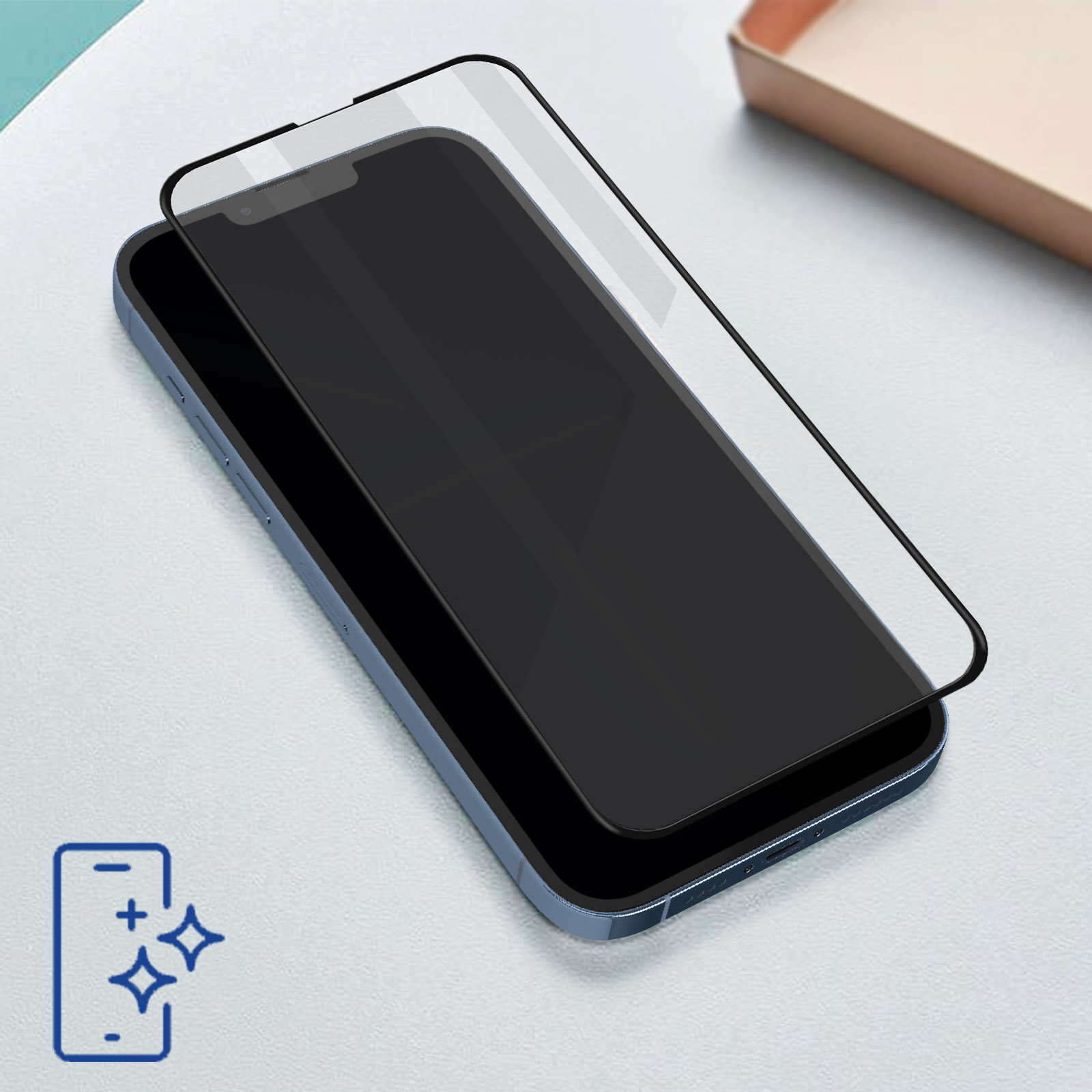 Telefon z ochraniaczem ekranu leży na powierzchni. Grafika w rogu sugeruje, że telefon jest czysty.