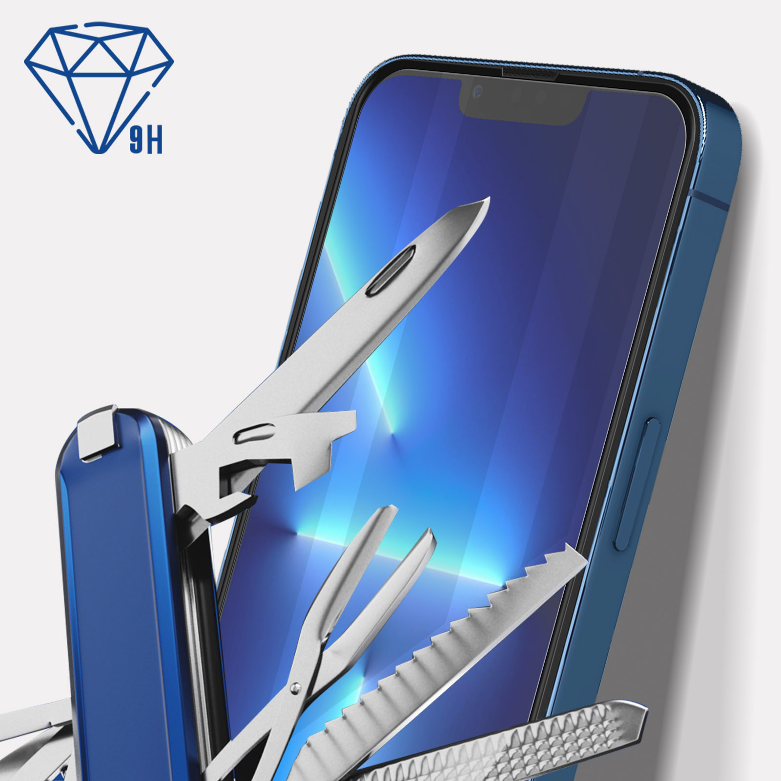 Niebieskie narzędzie wielofunkcyjne z różnymi narzędziami znajduje się przed telefonem. Logo diamentu znajduje się w lewym górnym rogu.