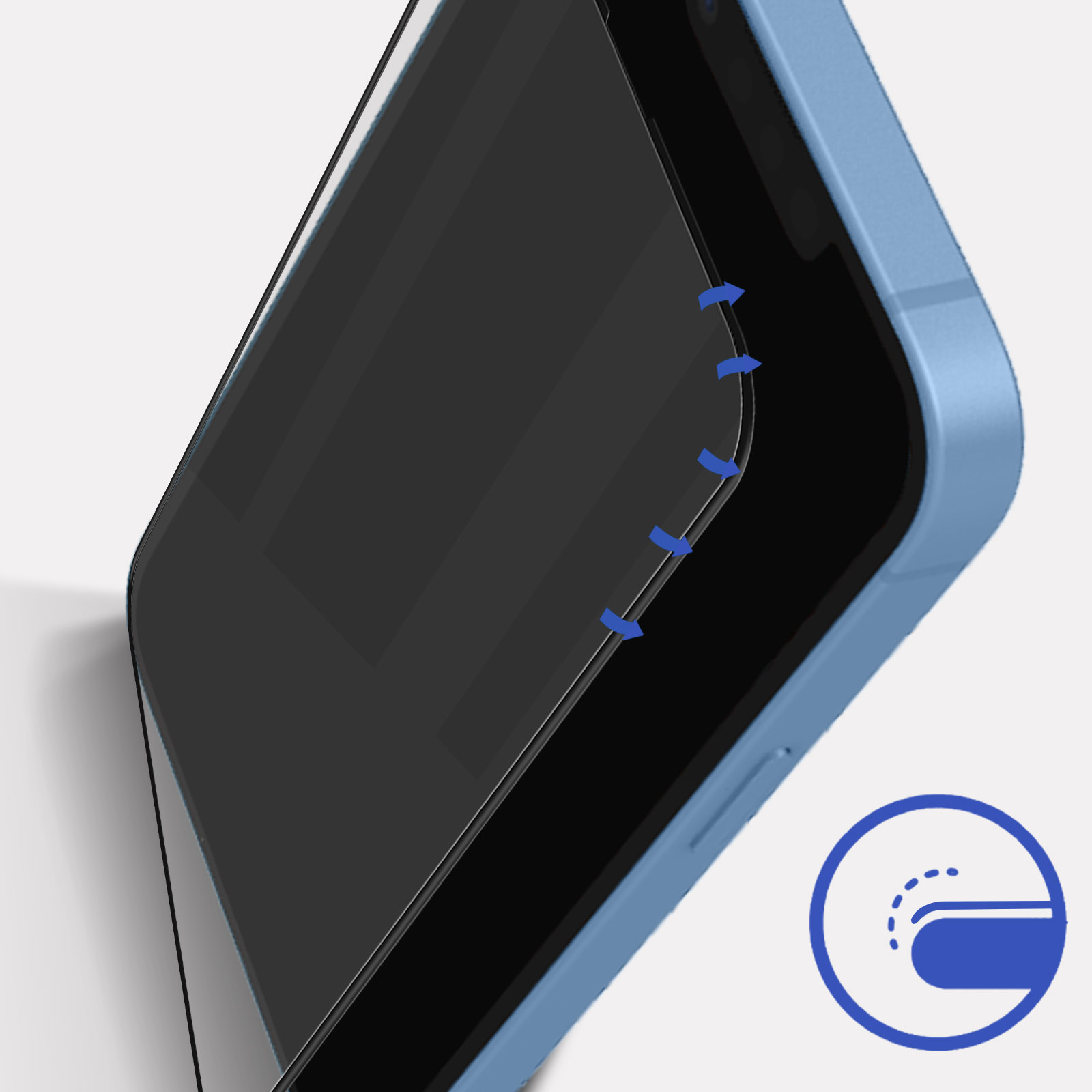 Telefon z ochraniaczem ekranu, z niebieskimi strzałkami wskazującymi umiejscowienie ochraniacza na urządzeniu.