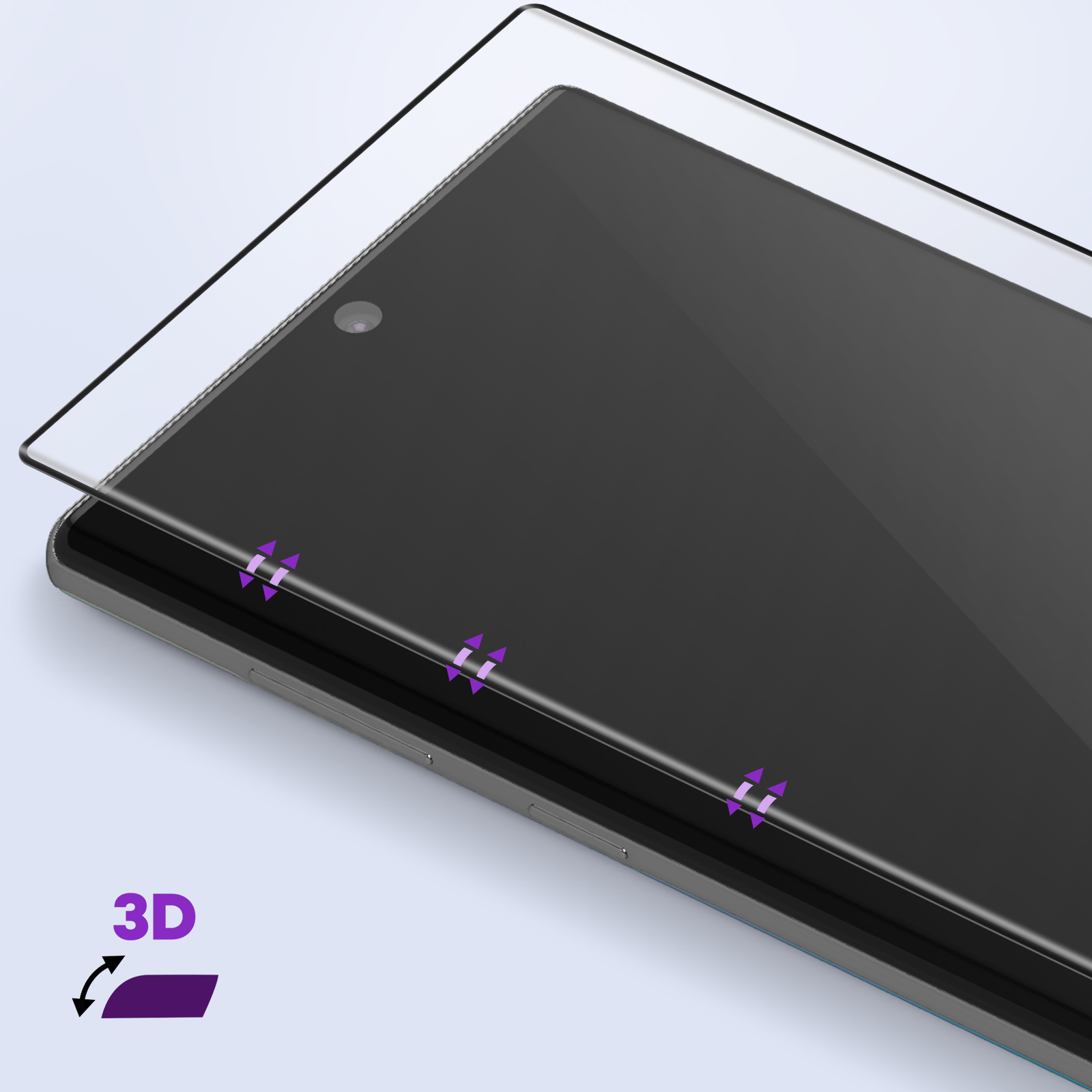 Pellicola protettiva per schermo del telefono applicata su un telefono. Frecce viola indicano 3D.