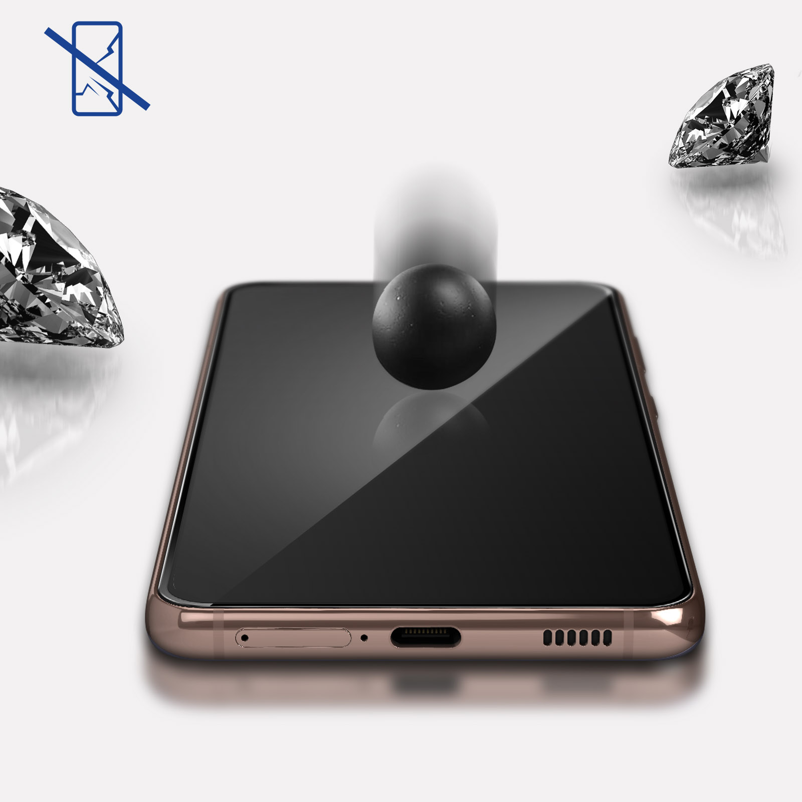 Wyświetlany jest telefon z diamentami i piłką nad nim. Ekran telefonu jest czarny i nie wykazuje żadnych uszkodzeń.