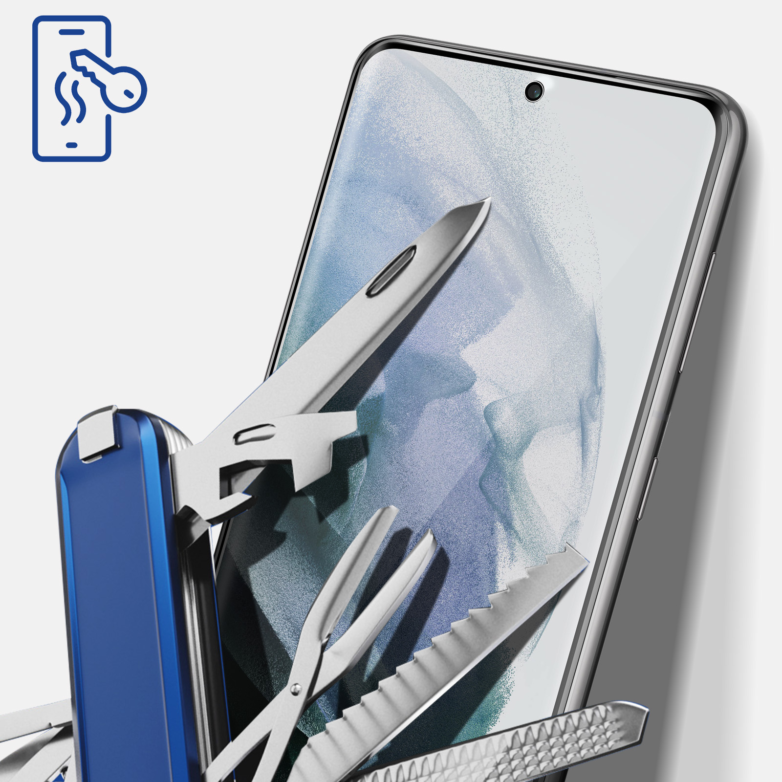 Niebieskie narzędzie wielofunkcyjne z różnymi narzędziami przed telefonem. Ikona kłódki znajduje się w lewym górnym rogu.