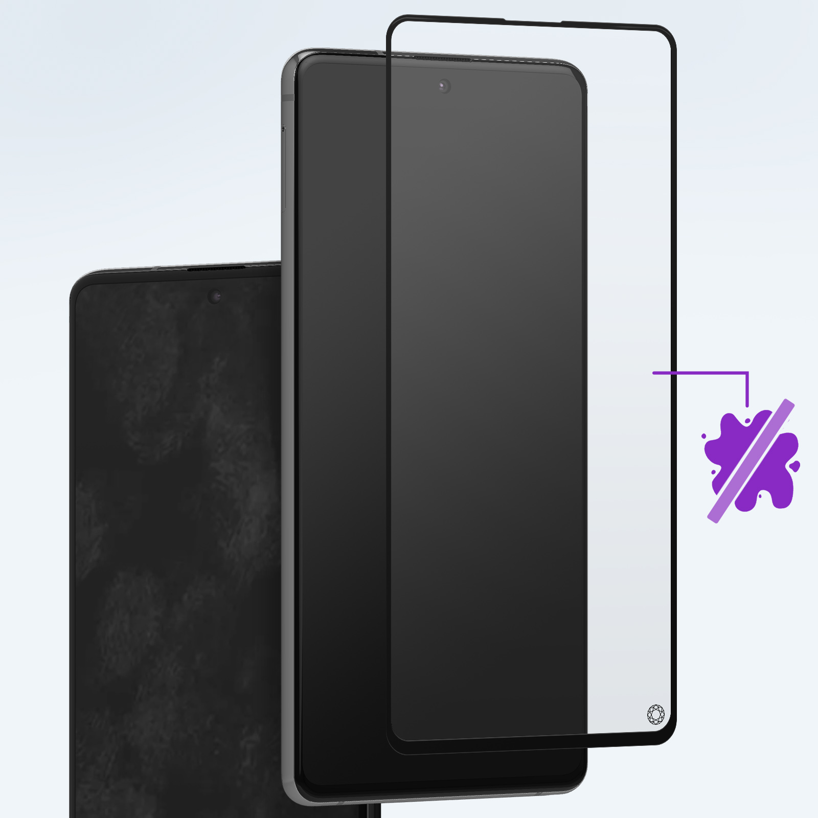 Deux téléphones, un avec protection d'écran. Le protecteur a un bord noir et il y a une icône d'éclaboussure violette.