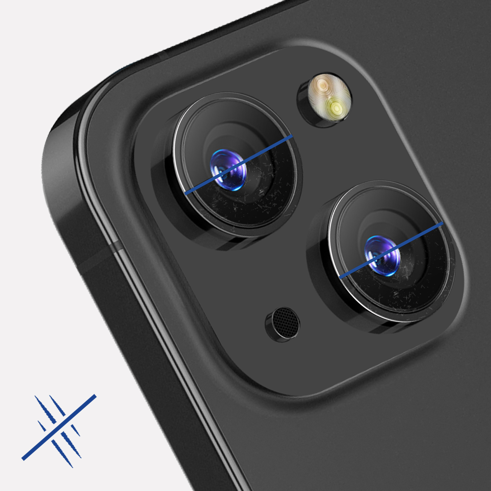 Zbliżenie obiektywów aparatu telefonu. Obiektywy mają pęknięcia. Ikona braku zarysowań znajduje się w lewym dolnym rogu.