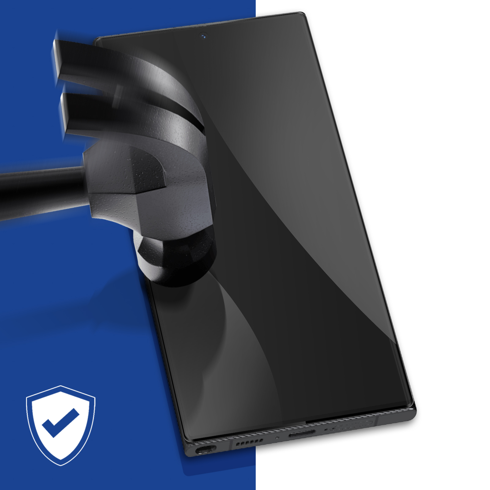 Telefon uderzany przez młotek, ze znakiem wyboru i tarczą po lewej stronie.