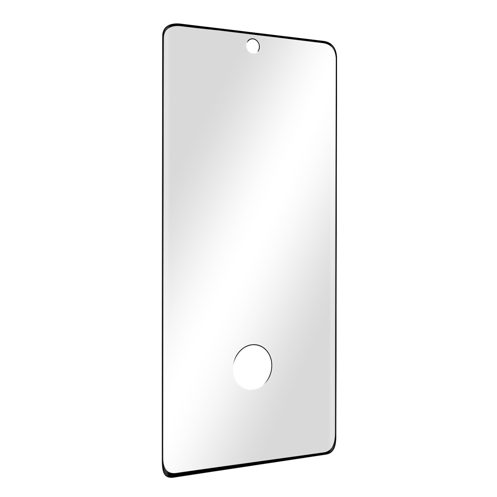 Ochraniacz ekranu telefonu z otworami. Ochraniacz ma czarną ramkę i przezroczyste szkło.