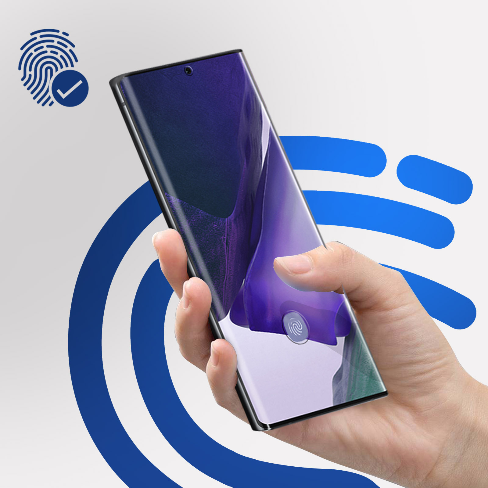 Ręka trzymająca telefon. Ikona odcisku palca i niebieskie zakrzywione linie znajdują się obok telefonu. Ekran pokazuje odcisk palca.