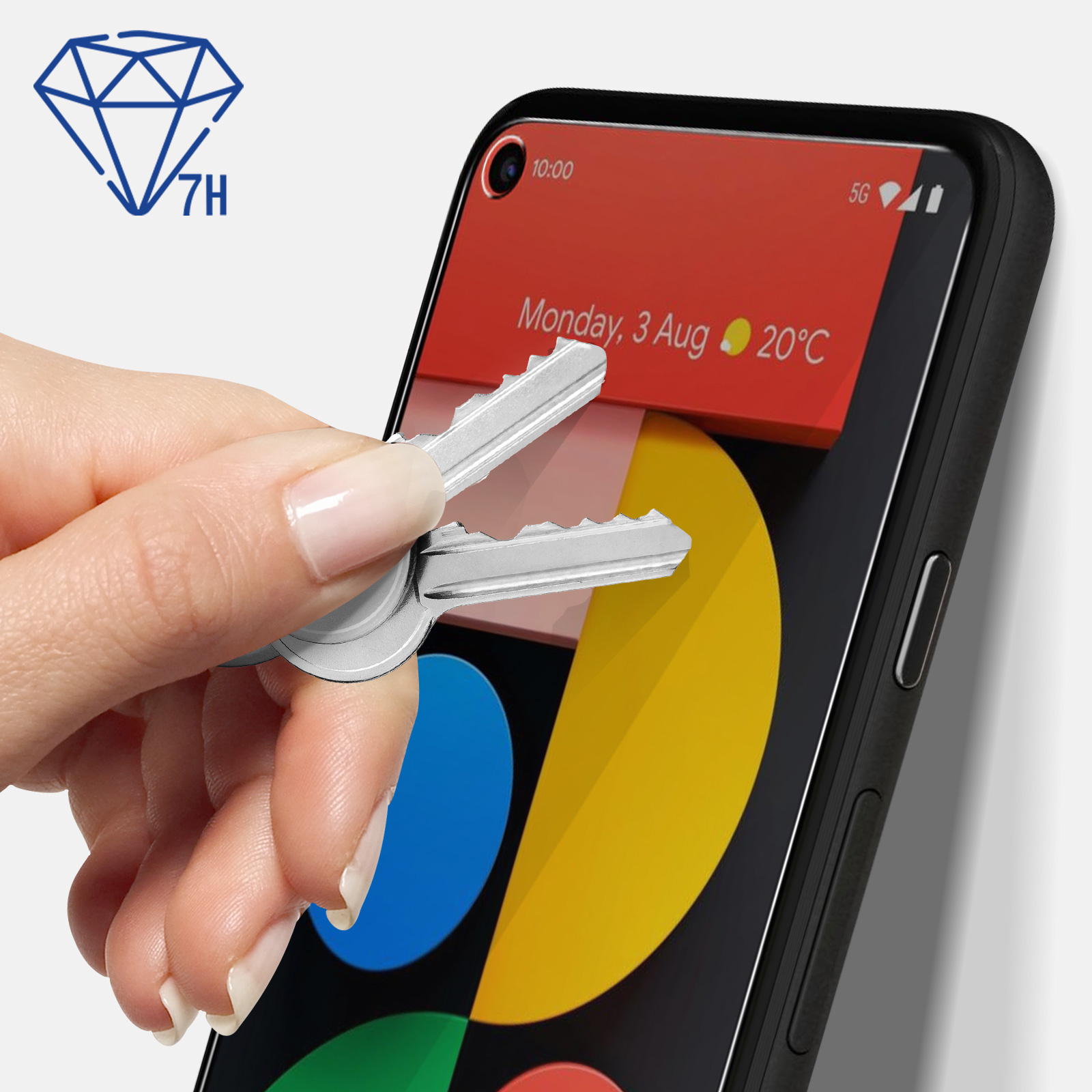 Klucze dotykające telefonu z folią ochronną. Ekran wyświetla wzór kolorów.