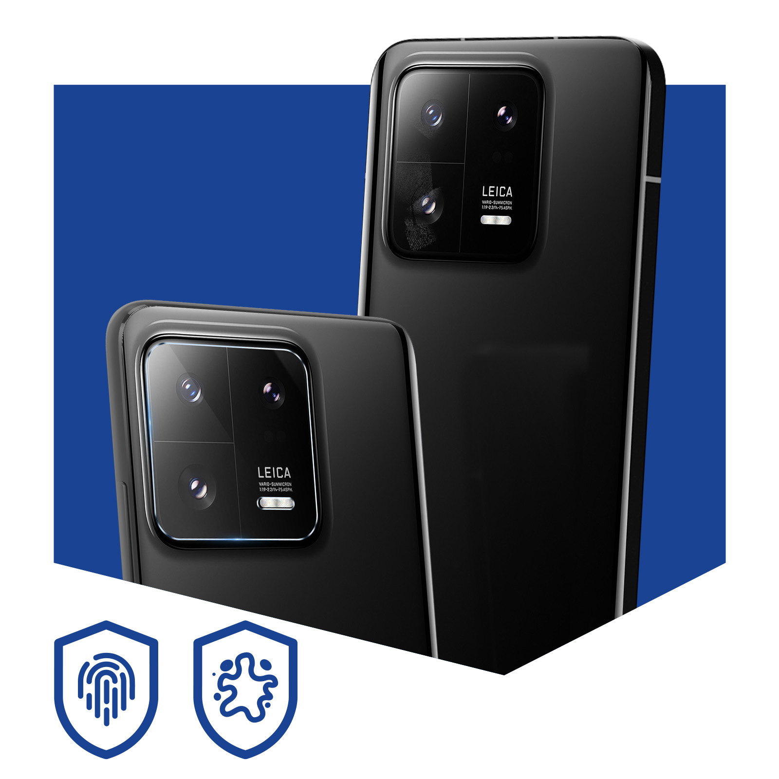 Dwa czarne telefony z modułem kamery. Są dwie ikony: odcisk palca i kropla wody. Niebieskie tło z tyłu.
