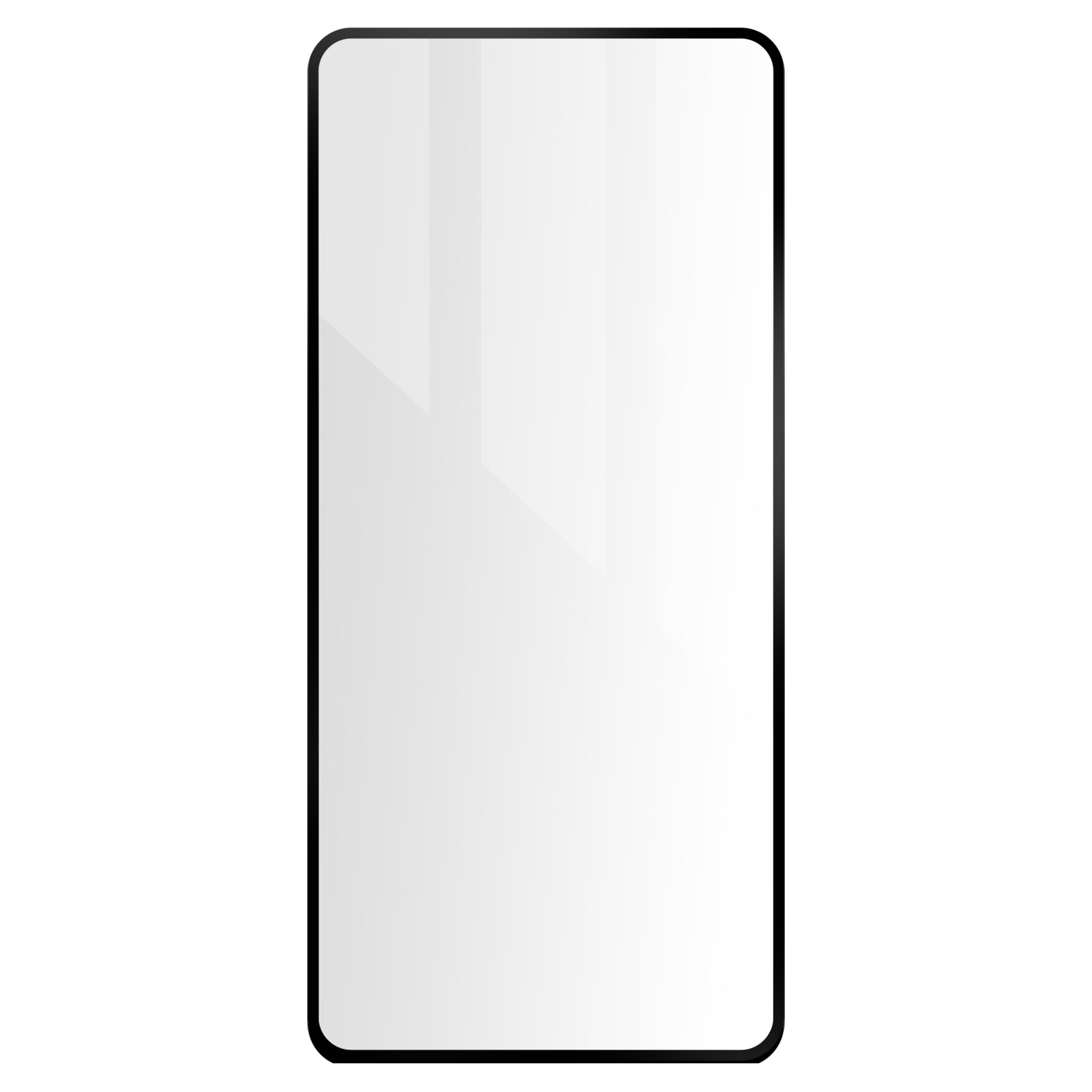 Una protezione per lo schermo del telefono. Ha una cornice nera e vetro trasparente.