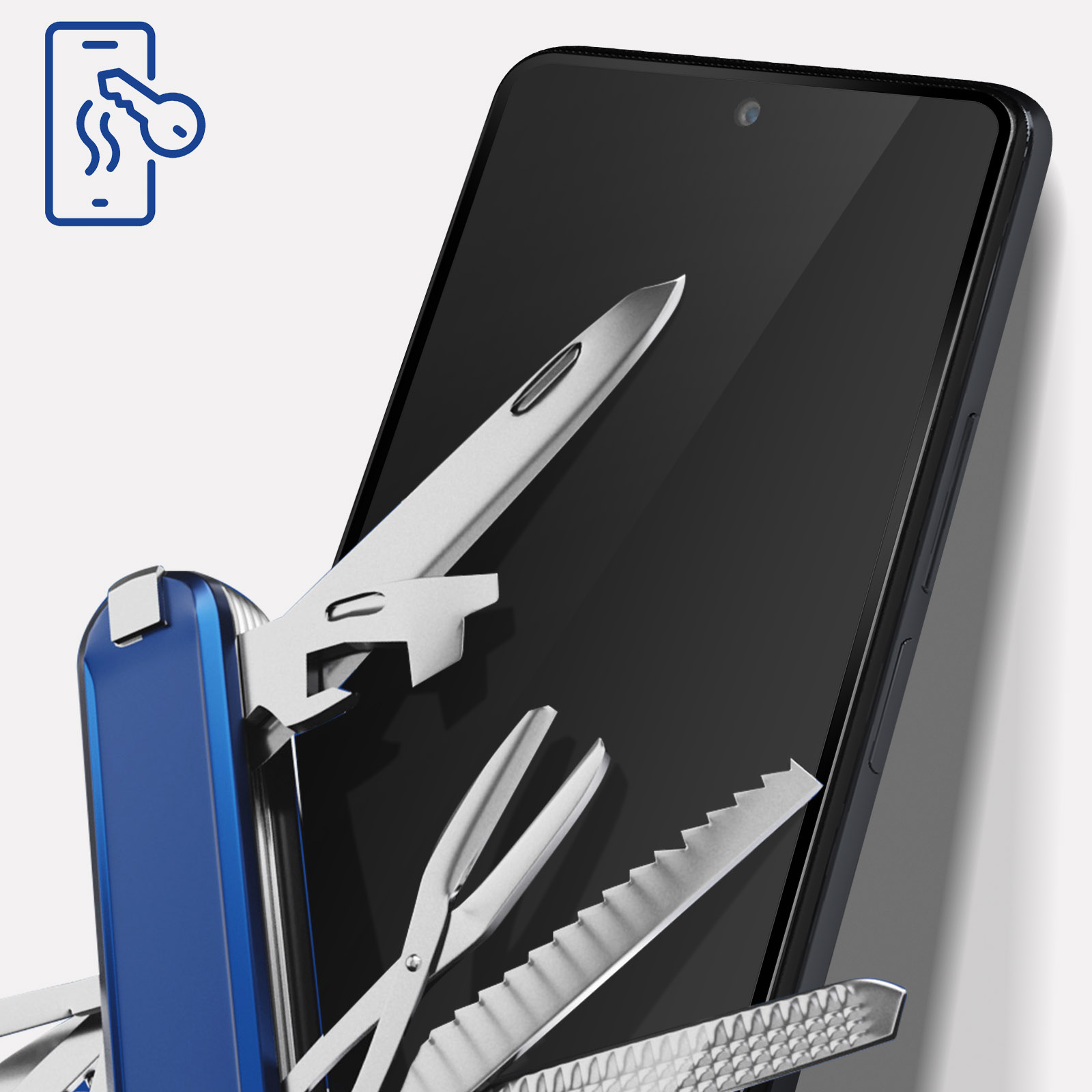 Un telefono con un multiutensile accanto. Il multiutensile è aperto e mostra diversi strumenti.