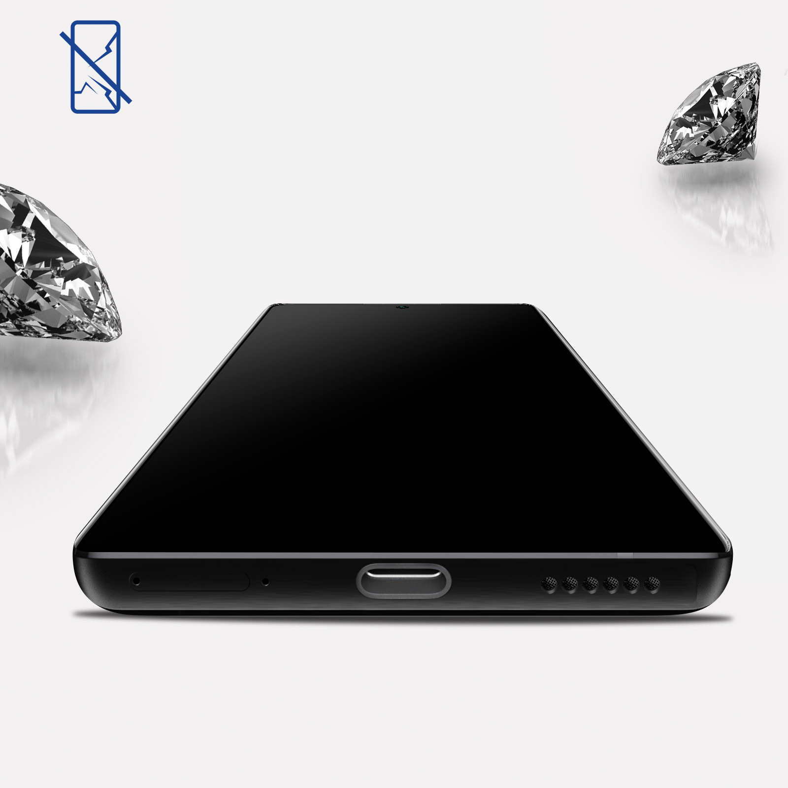 Un telefono con schermo nero, forme di diamanti e un'icona di telefono rotto sullo sfondo.