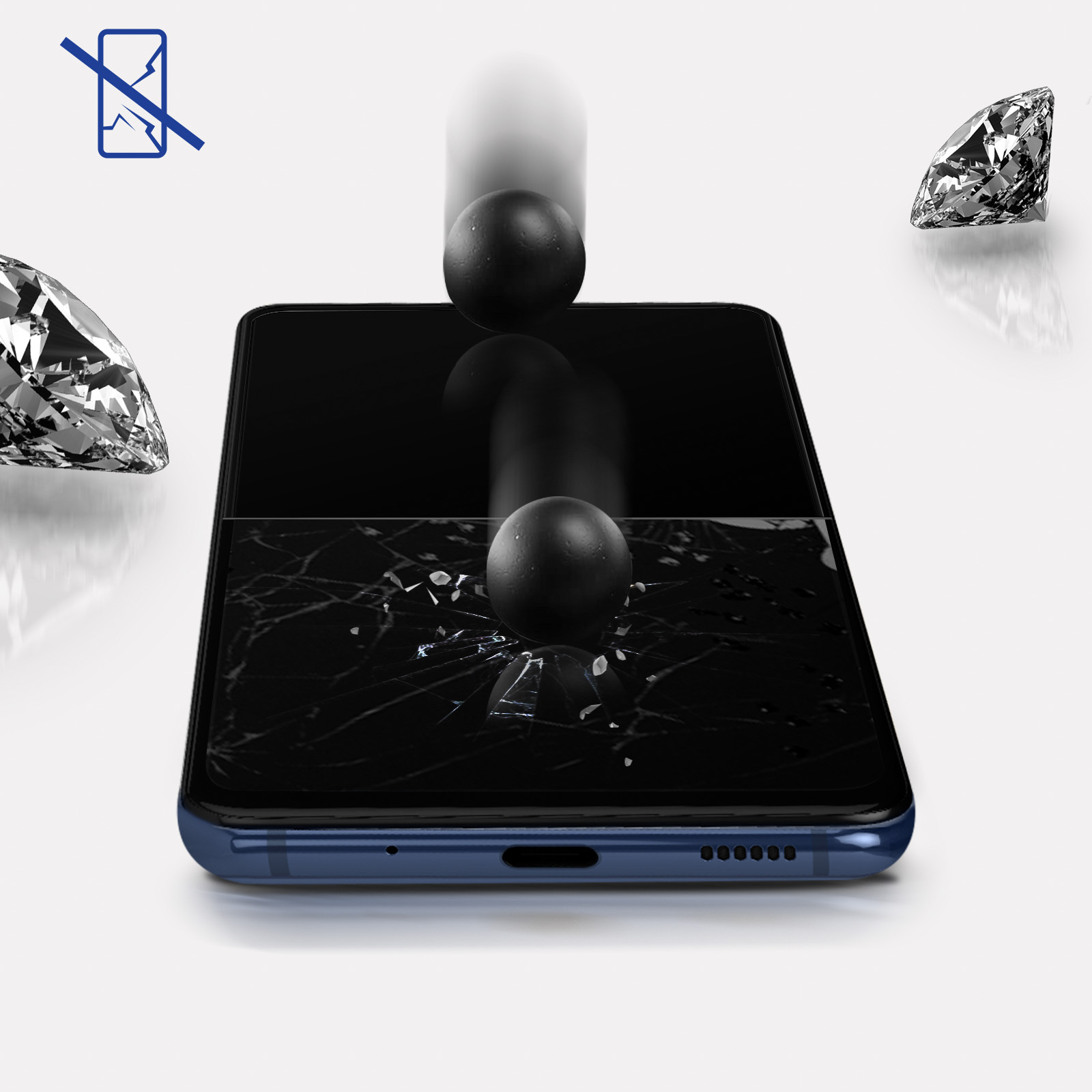 Ekran telefonu z efektem rozbitego szkła. Spadające czarne kule. Diamenty wskazują ochronę.