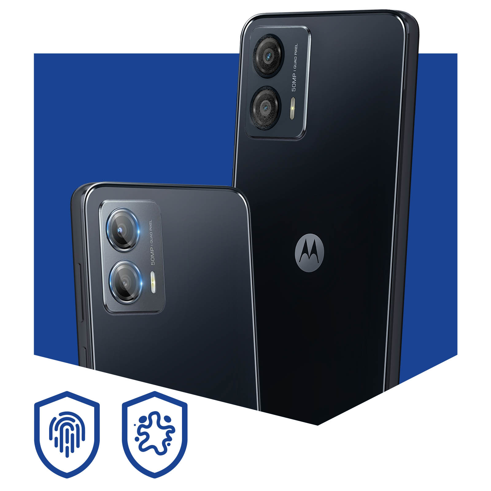 Se muestran dos teléfonos Motorola negros. Cada uno tiene lentes de cámara y un logotipo de Motorola. Fondo azul.