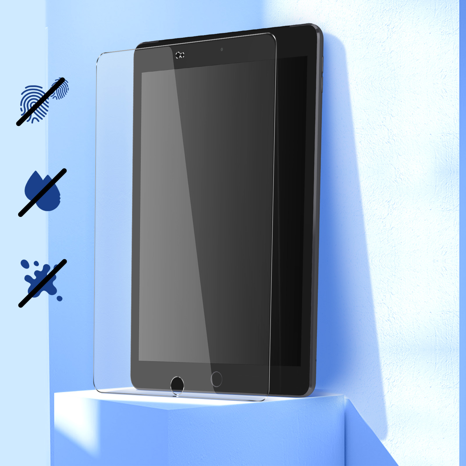 Tablet z ochroną ekranu. Ikony antymakowe, wody i kurzu wyświetlane są po lewej stronie.