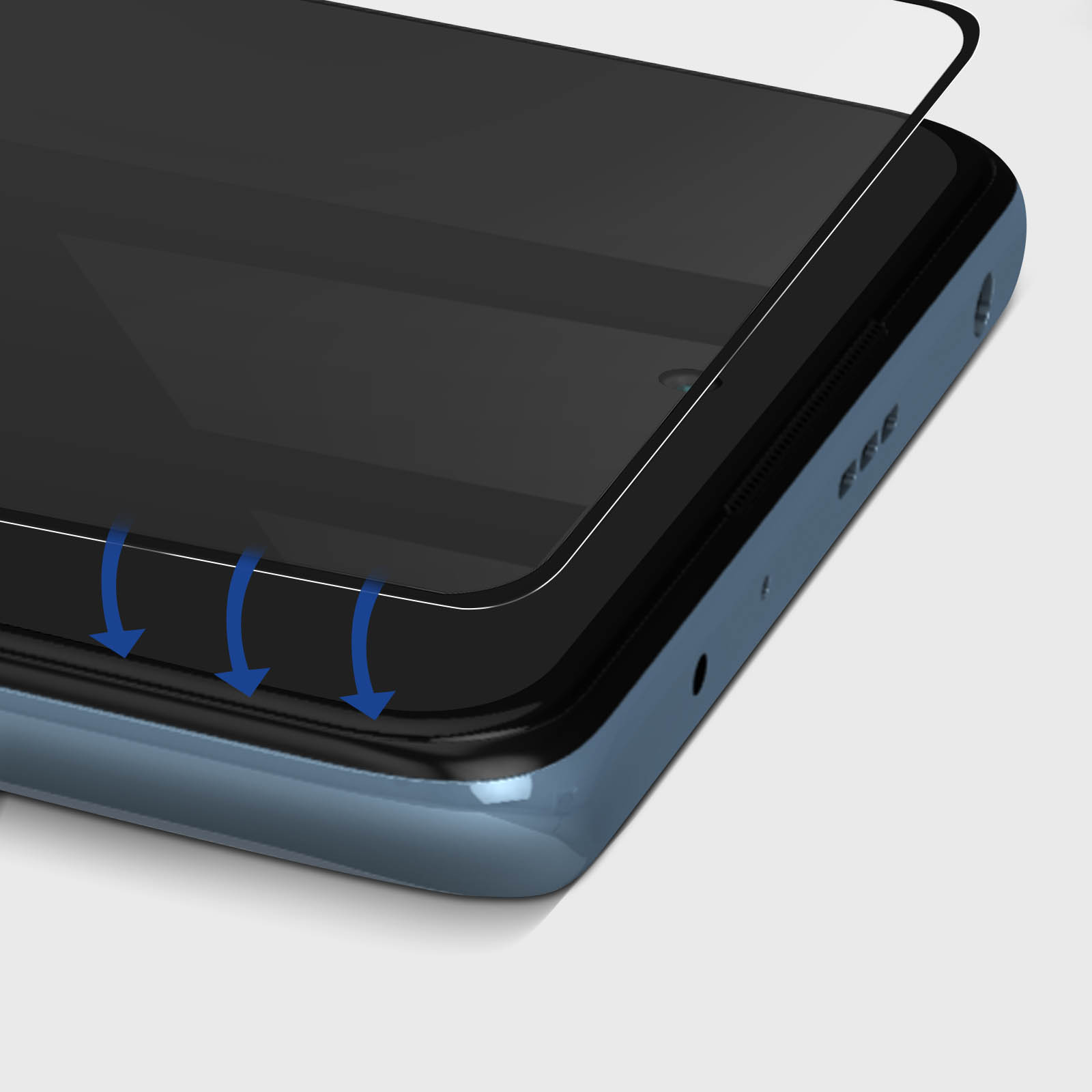 Telefon z ochraniaczem ekranu. Strzałki wskazują na krawędź telefonu.