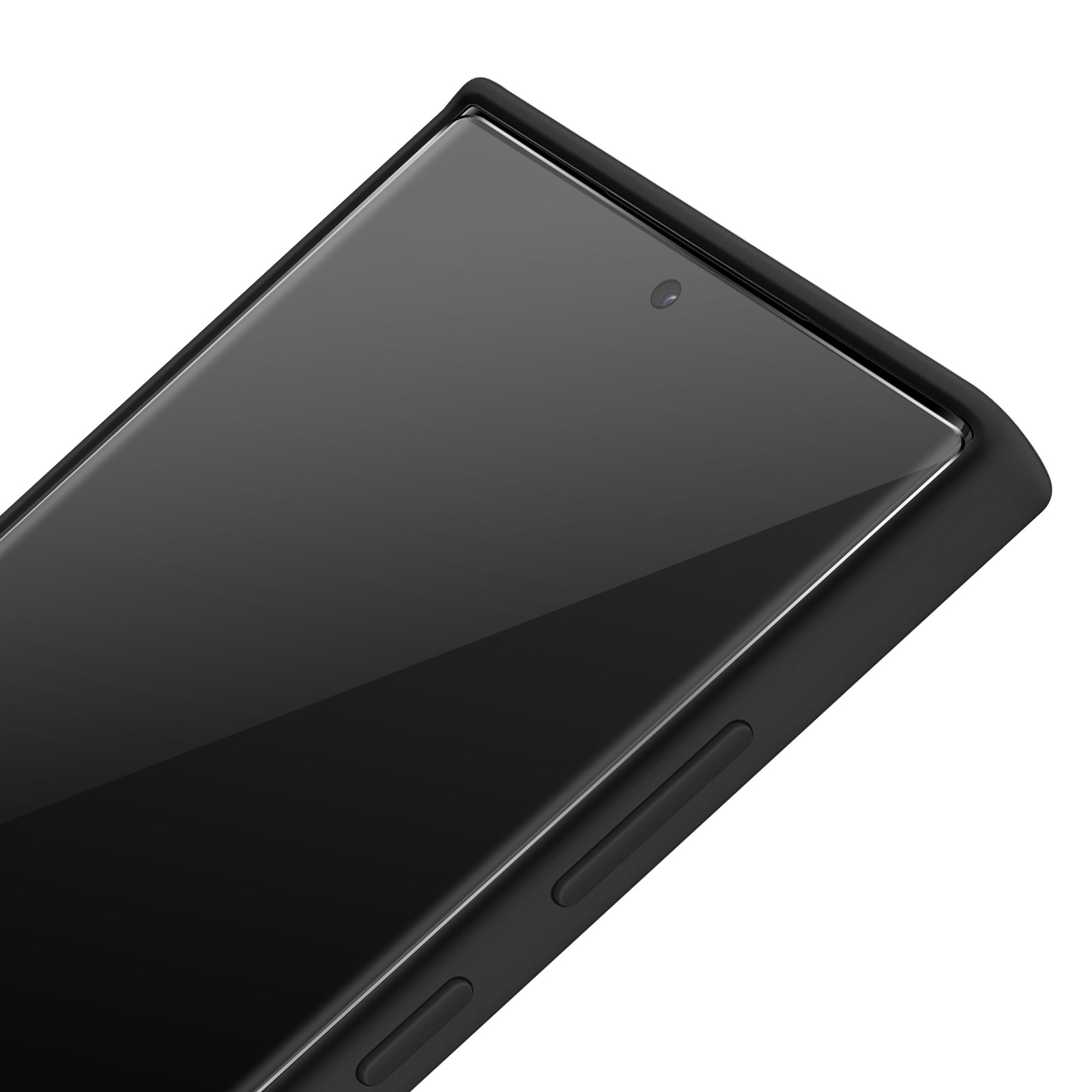 Gros plan d'un téléphone avec un protecteur d'écran. Le protecteur est transparent et a des bordures noires.
