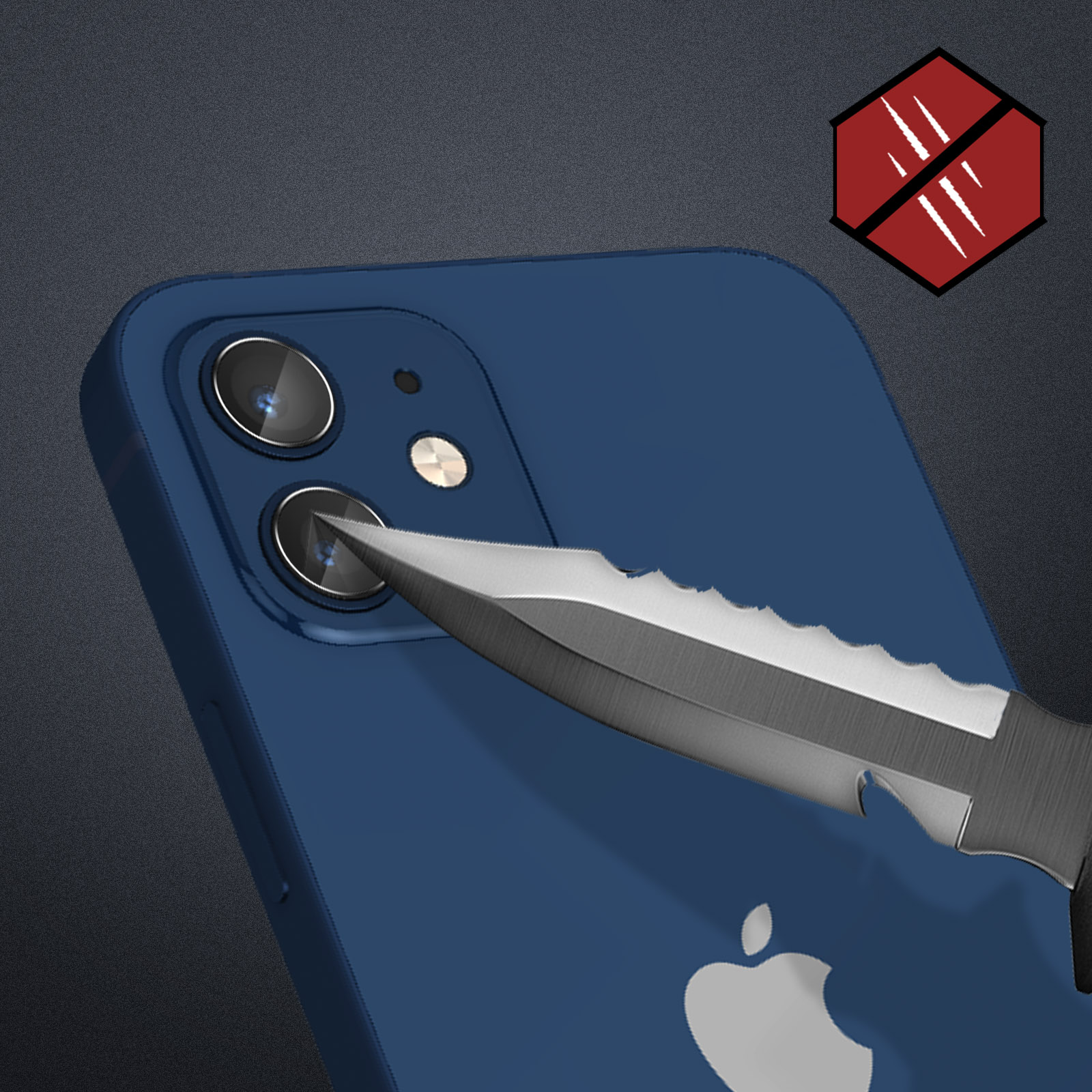 Niebieski telefon z nożem skierowanym w stronę aparatu. Czerwona ikona braku zarysowań znajduje się w prawym górnym rogu.