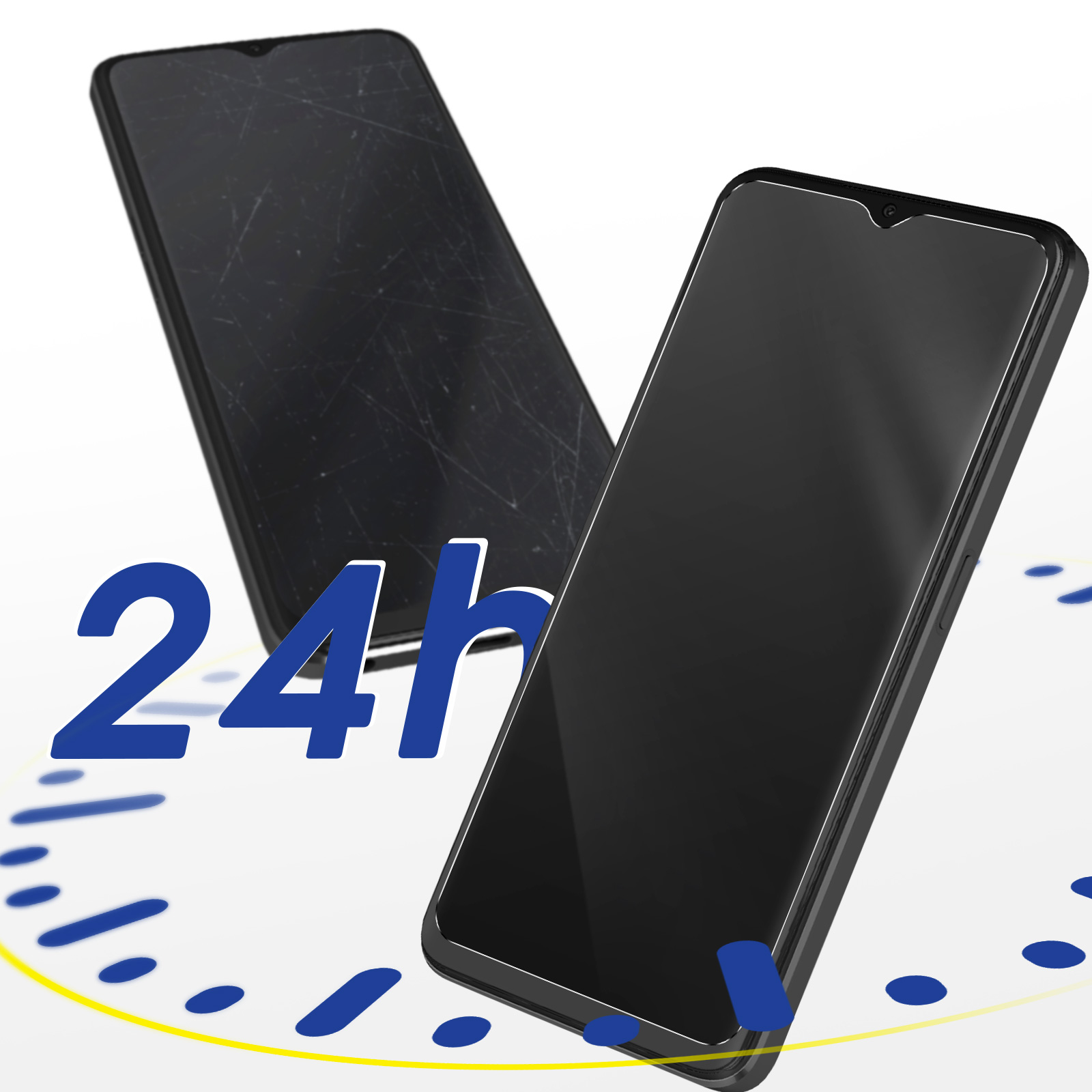 Deux smartphones, un avec écran fissuré, l'autre intact. Graphique d'horloge avec '24h' en bleu.