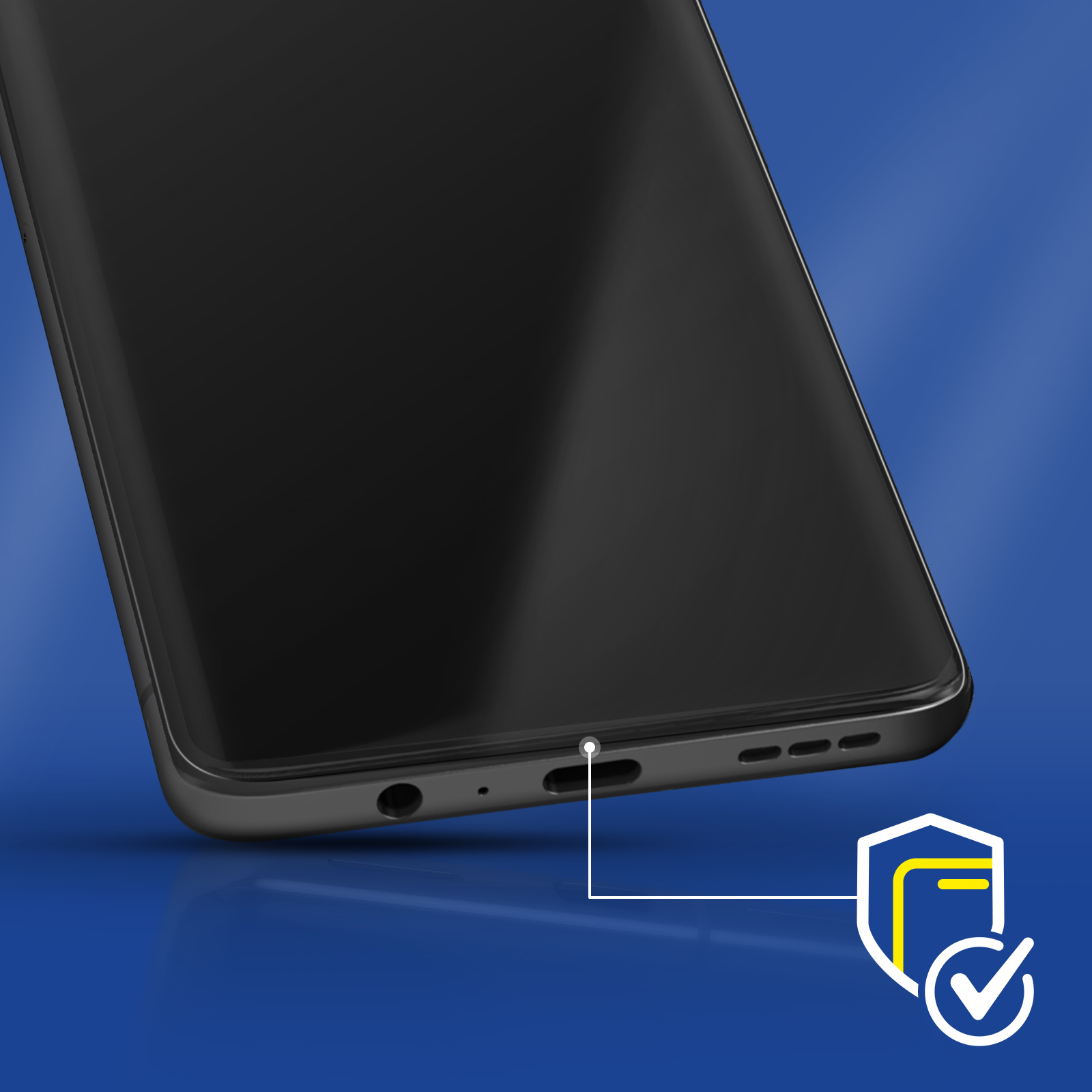 Close-up van een zwarte smartphone met een blauwe gradiënt achtergrond. Een witte lijn wijst naar de oplaadpoort.