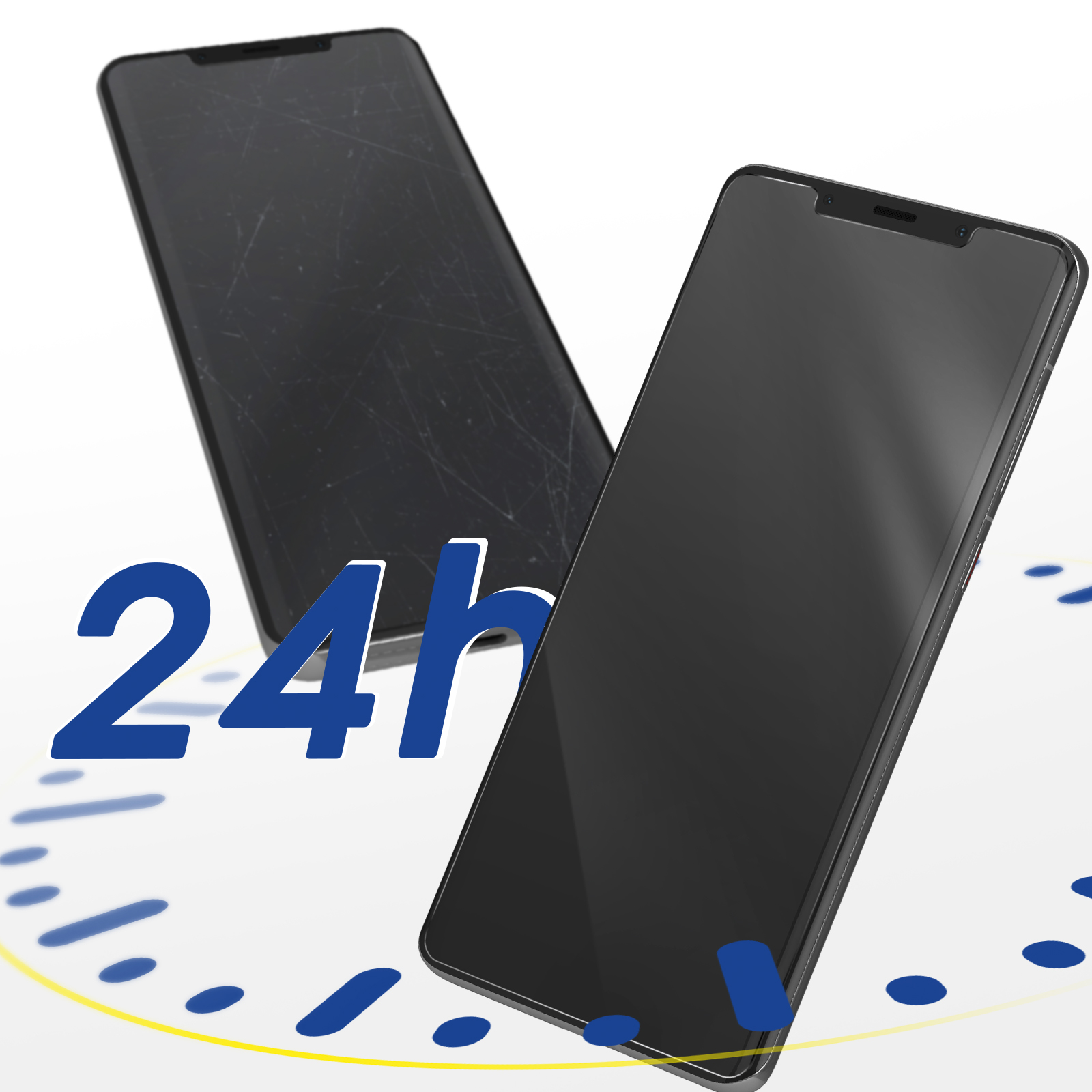 Due smartphone neri, uno rotto, l'altro liscio, con testo blu 24h sovrapposto ed elementi a forma di orologio.