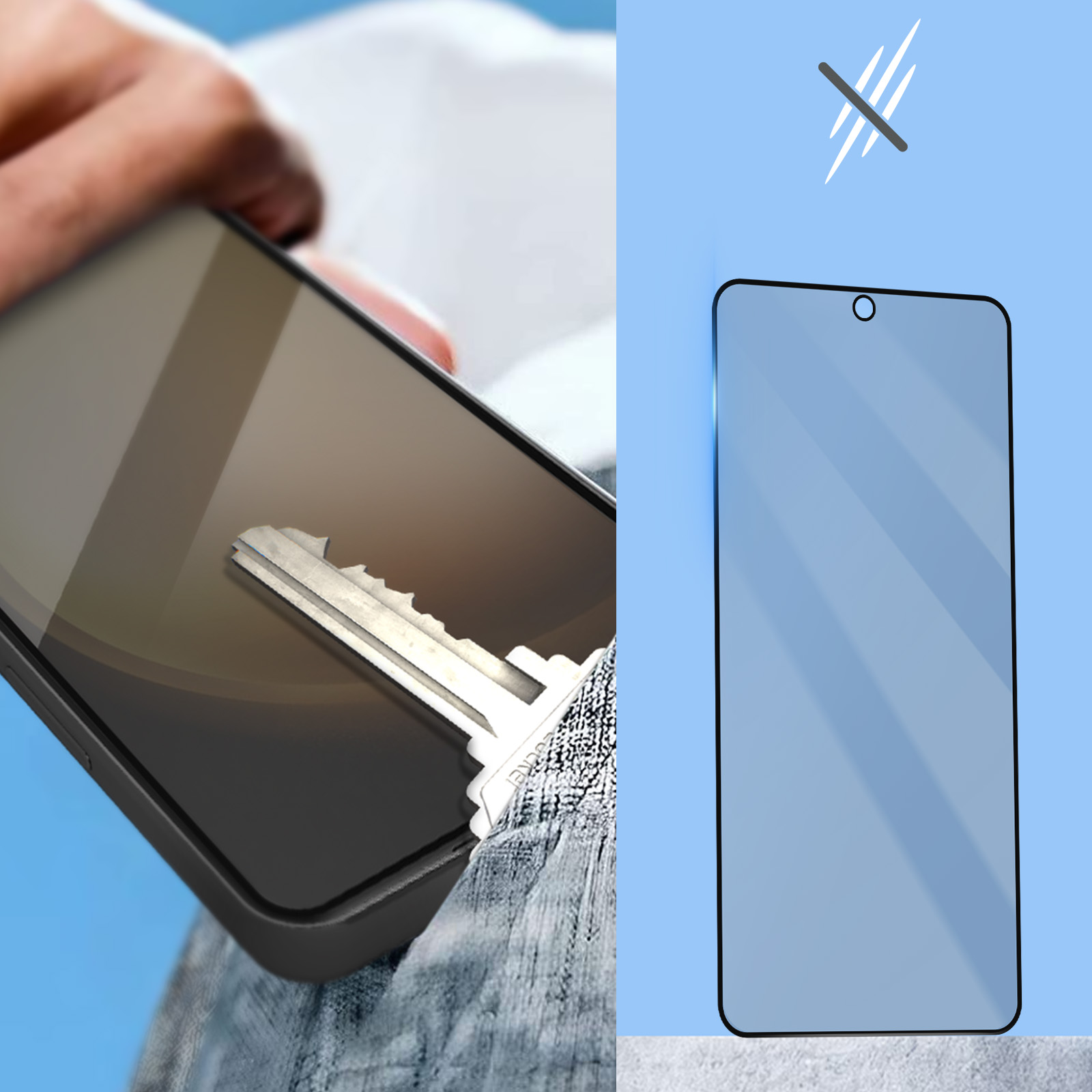 Een telefoon met een schermbeschermer die met een sleutel wordt getest. De achtergrond is blauw.